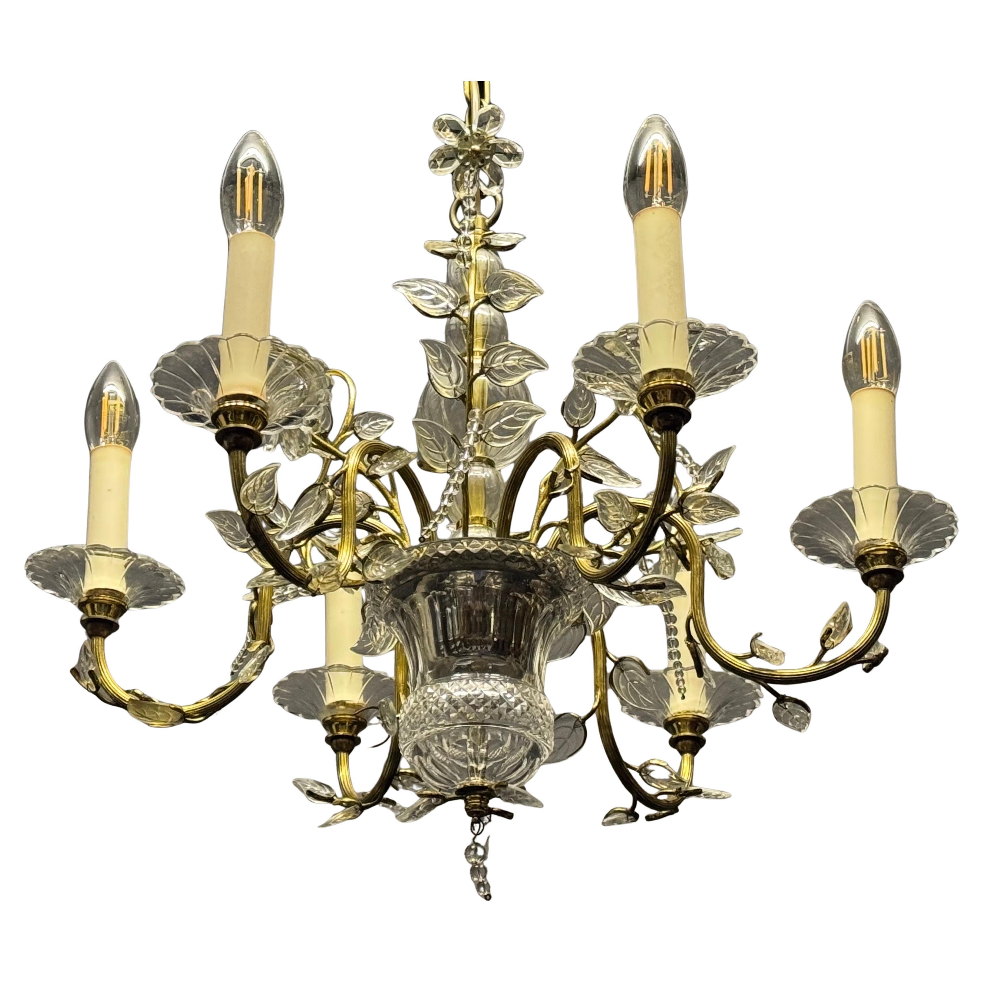Beautiful Clear Glass Leaves Chandelier in the Style of Maison Baguès, 1950s
