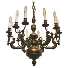 Pair of German Solid Bronze Mermaids Chandeliers with Fish Motif, 1920s