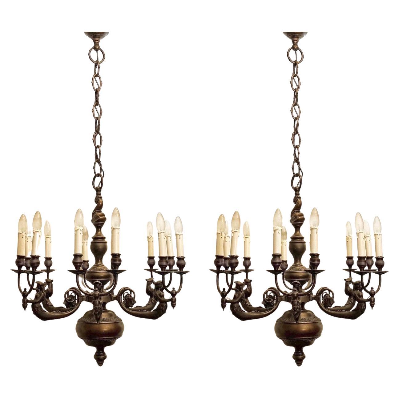 Pair of German Solid Bronze Mermaids Chandeliers with Fish Motif, 1920s For Sale