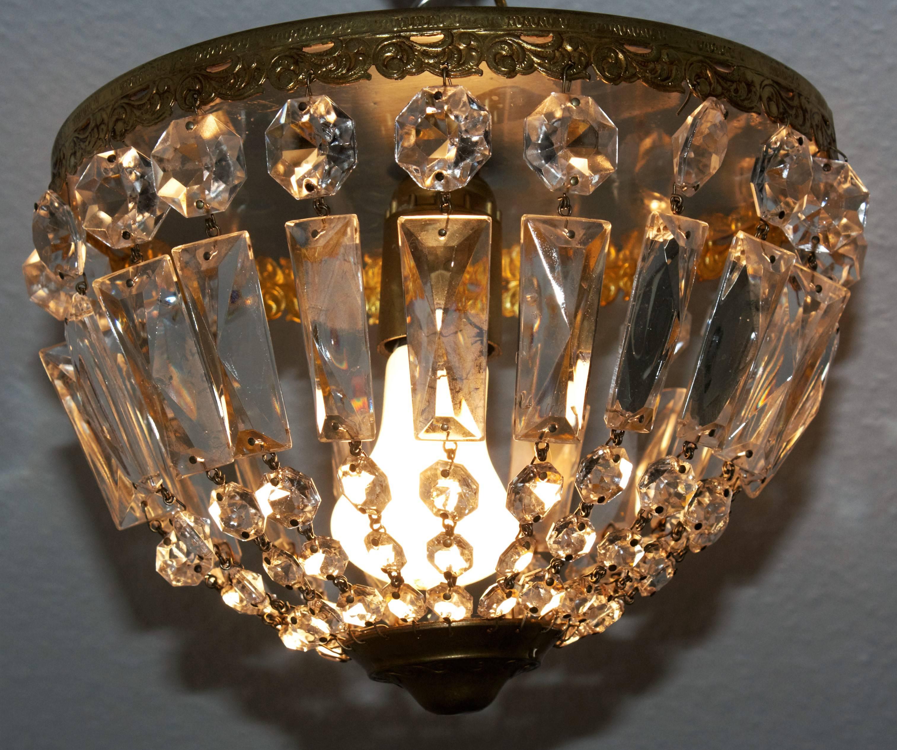 Belle Époque Pair of French Crystal Flush Mount in Two Sizes Bronze Basket Chandelier