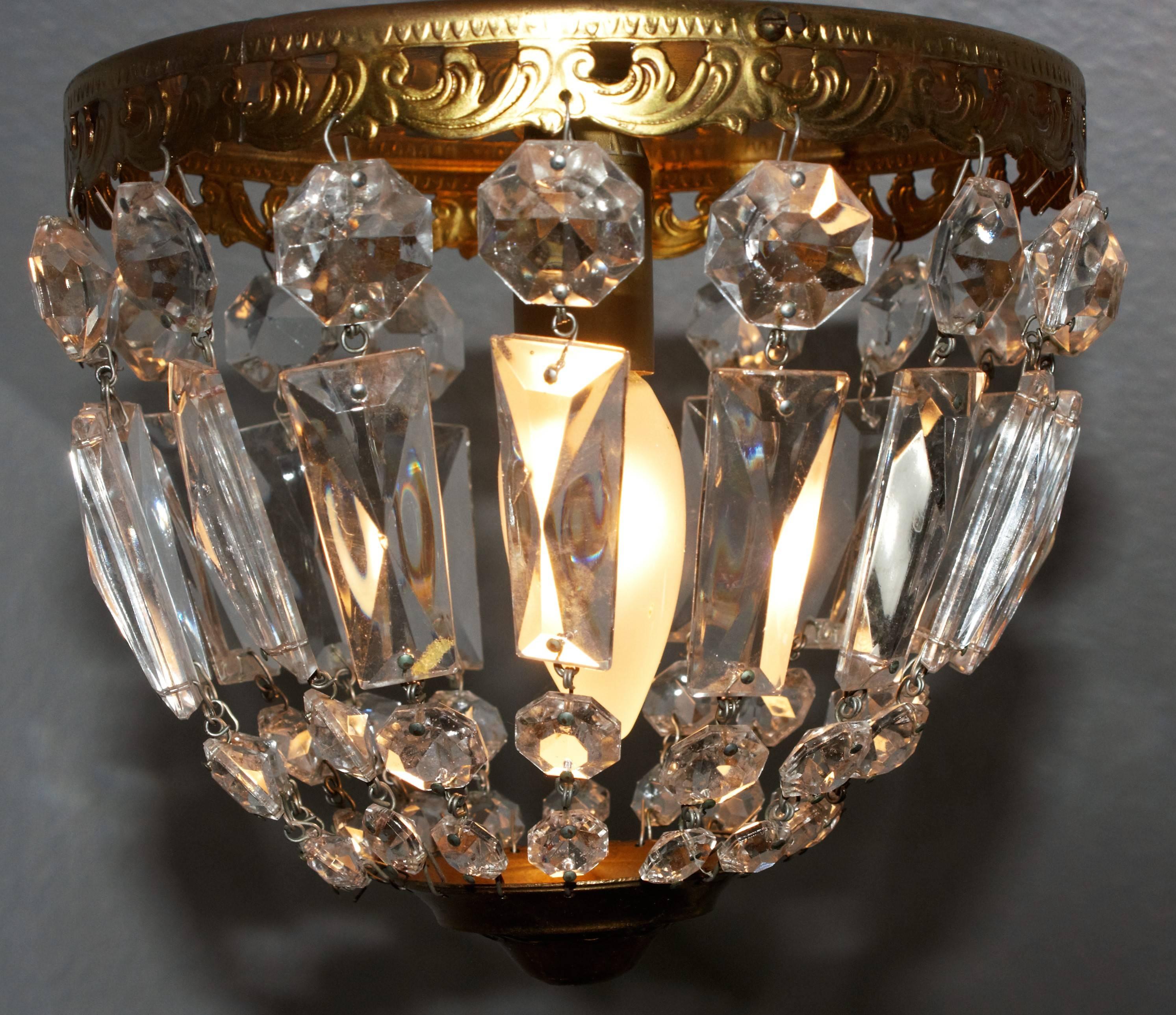 Brass Pair of French Crystal Flush Mount in Two Sizes Bronze Basket Chandelier