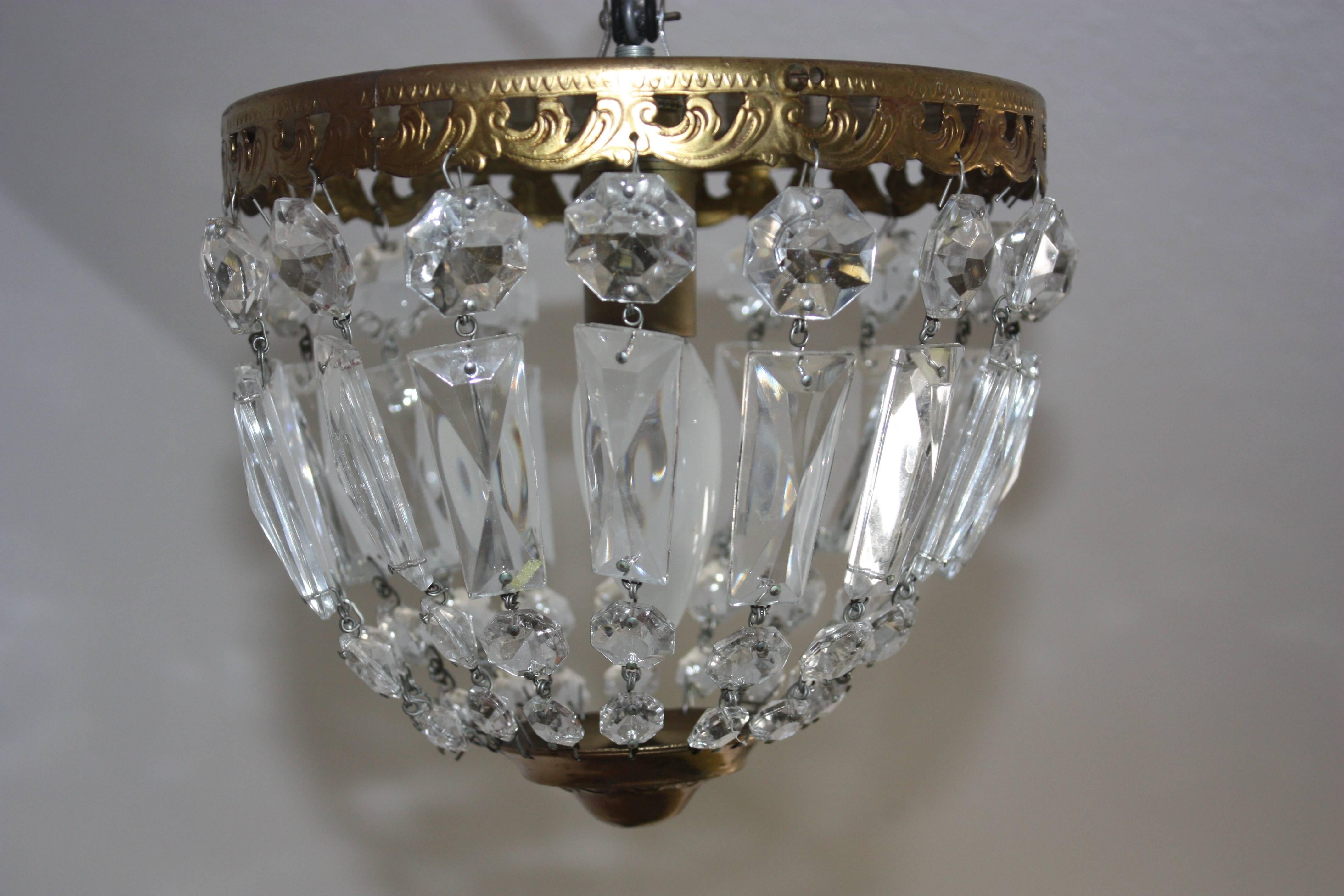 Pair of French Crystal Flush Mount in Two Sizes Bronze Basket Chandelier 3