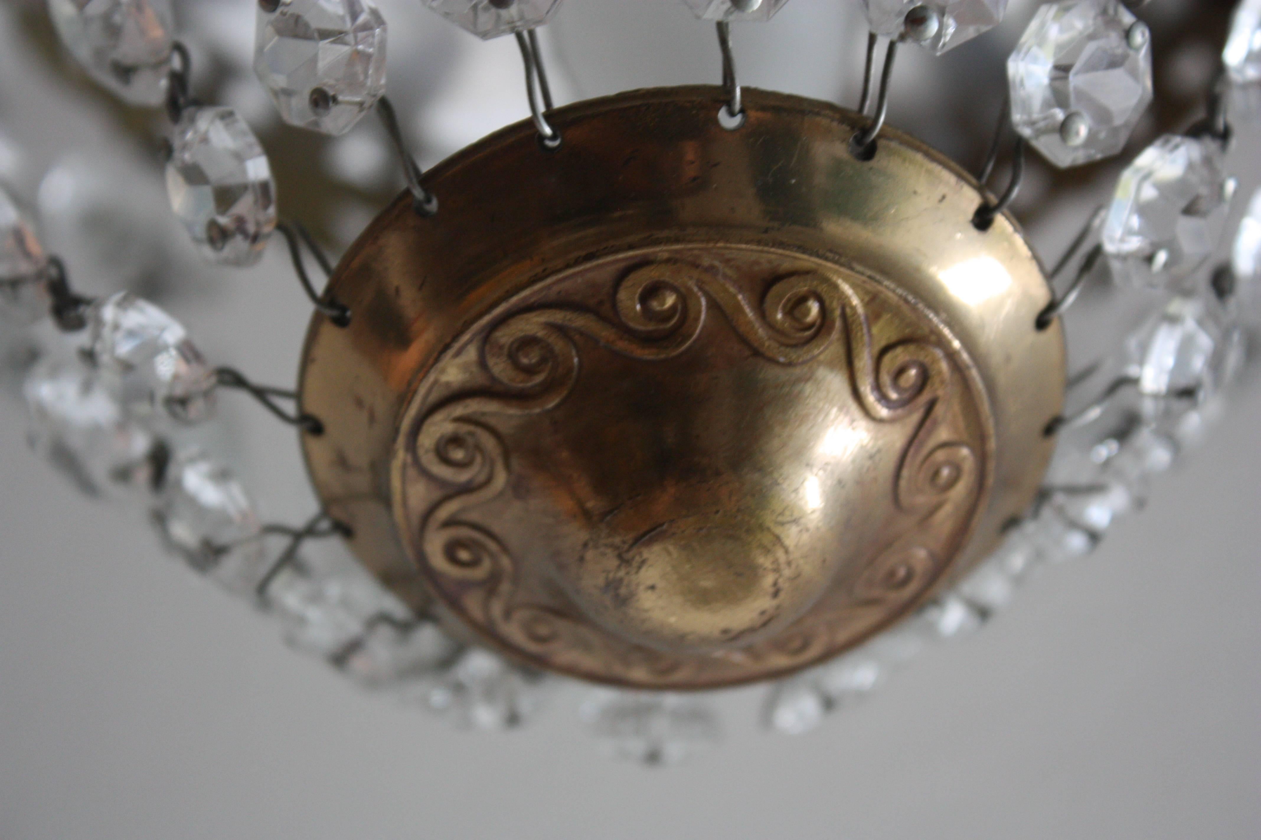 Pair of French Crystal Flush Mount in Two Sizes Bronze Basket Chandelier 2
