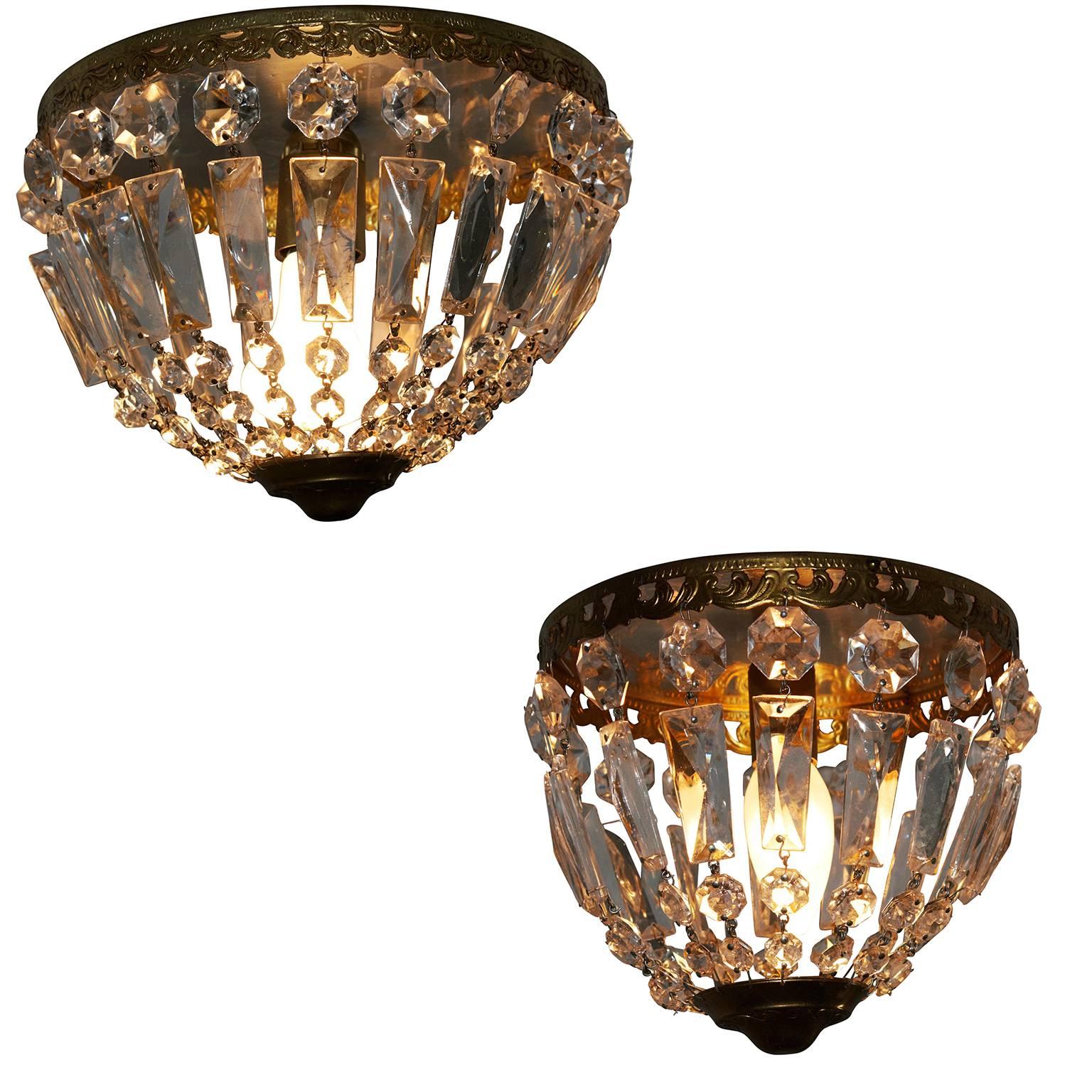 Pair of French Crystal Flush Mount in Two Sizes Bronze Basket Chandelier 4