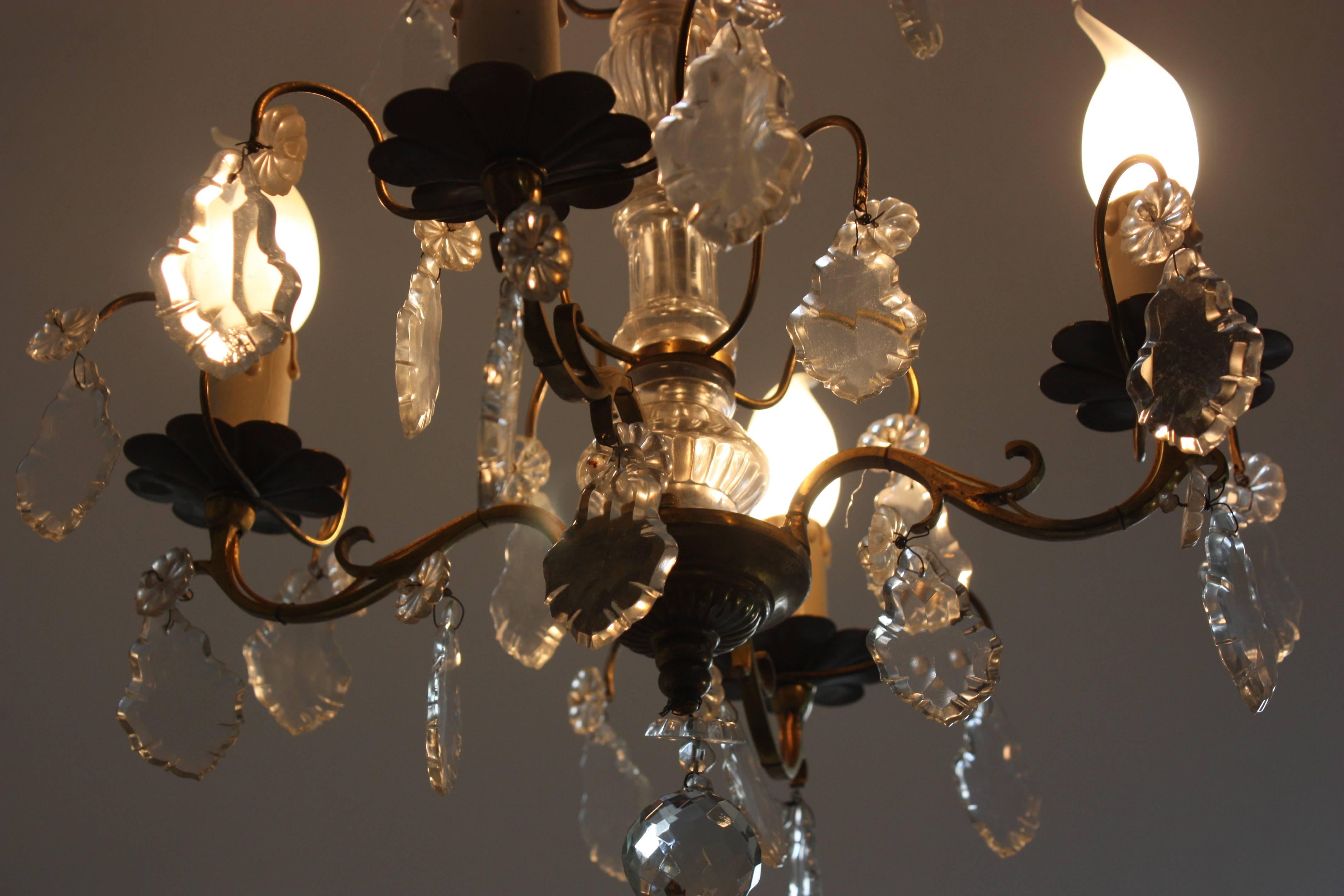 Mid-20th Century French Chandelier in Louis XVI Style Brass and Cut Crystal, circa 1930s