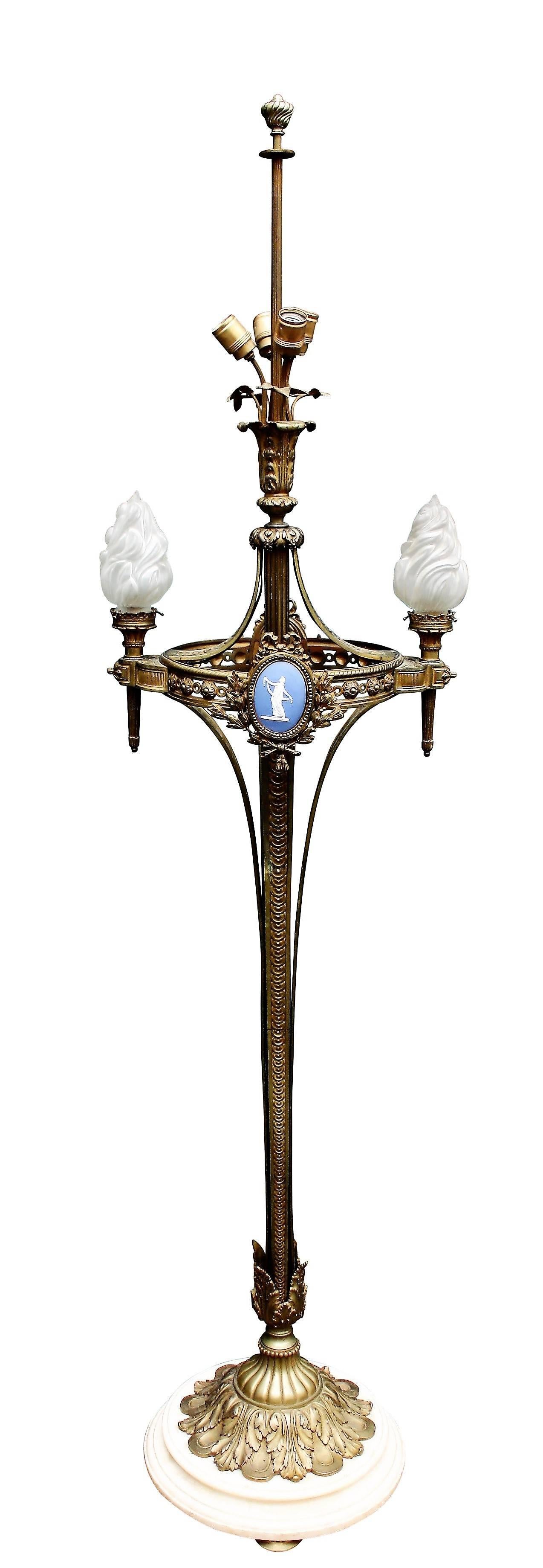 Palatial and unique six-light  alabaster and bronze floor lamp, France, circa 1900s.
Weight: 94.7 lbs - 43 kilo
In very good vintage condition - just some smallest chips of the edge of alabster ring.
Wiring and lamp socket were renewed in the 1990s.
