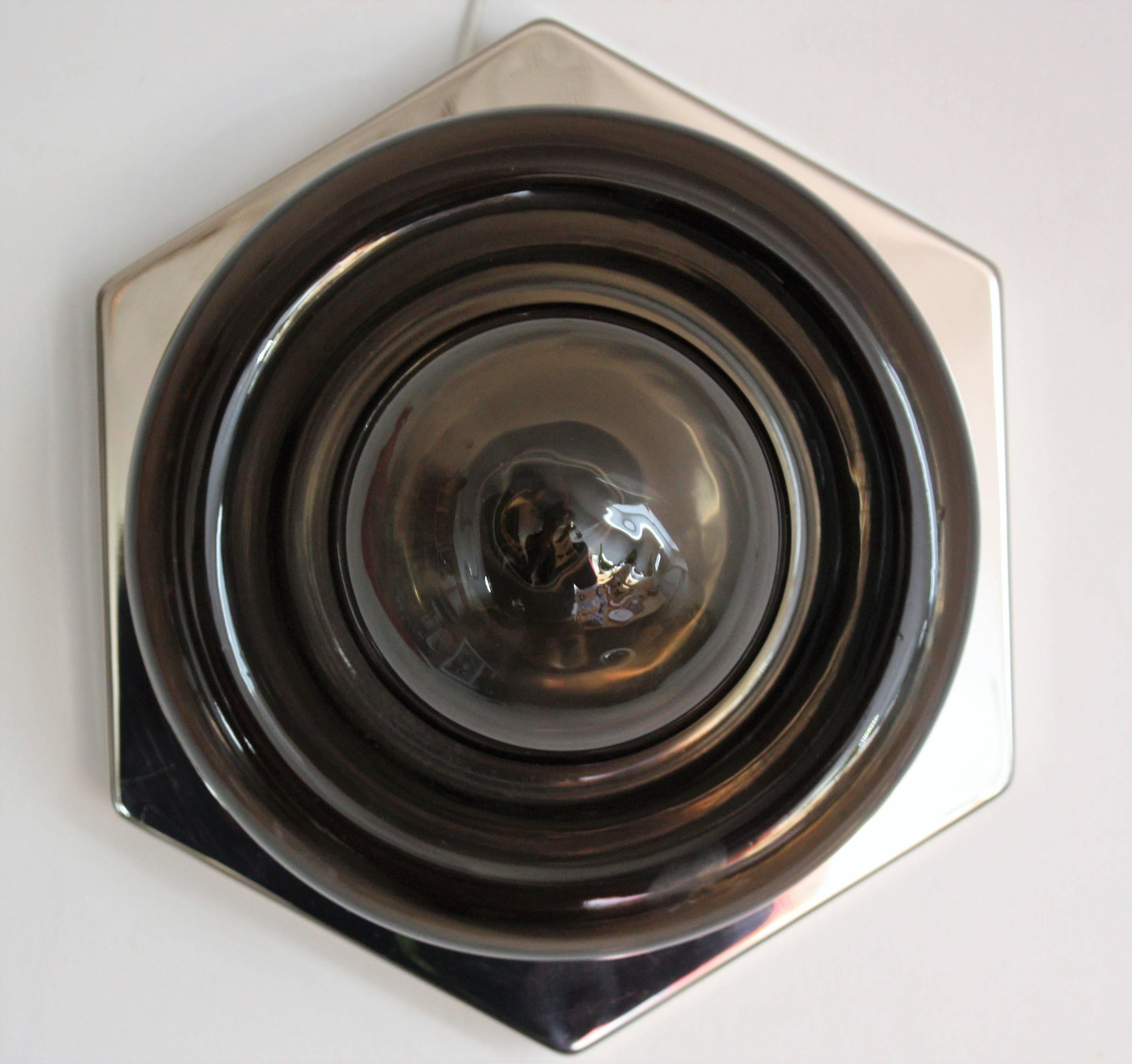 Set of four mid century modern wall lights or flush mount, Germany, 1970s wich are made of glass shade in dark purple color on the nickeled steel frame.
All of four items are in very good vintage condition.
Lamp socket: e 14 ( for standard screw