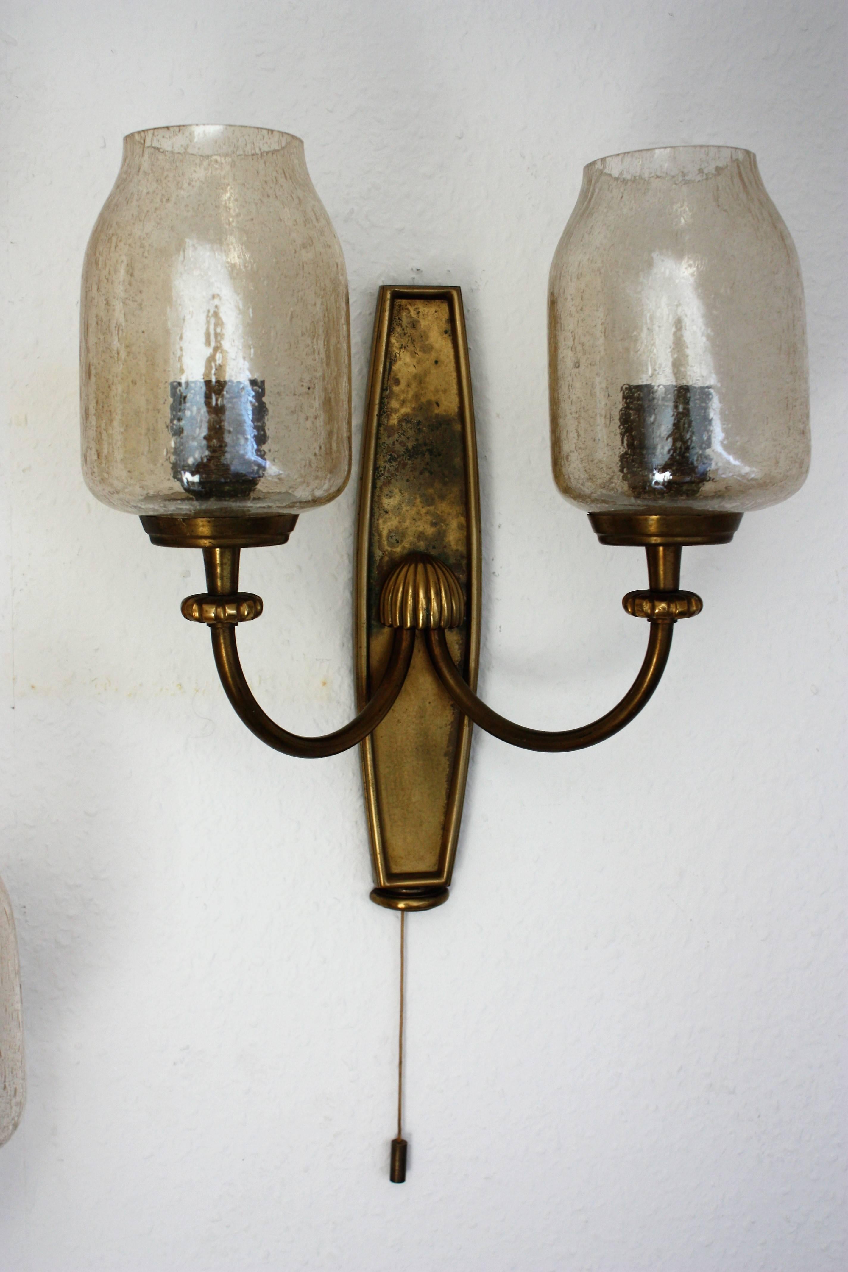 Set of Three Large Art Deco Wall Sconces Brass, 1940s 2