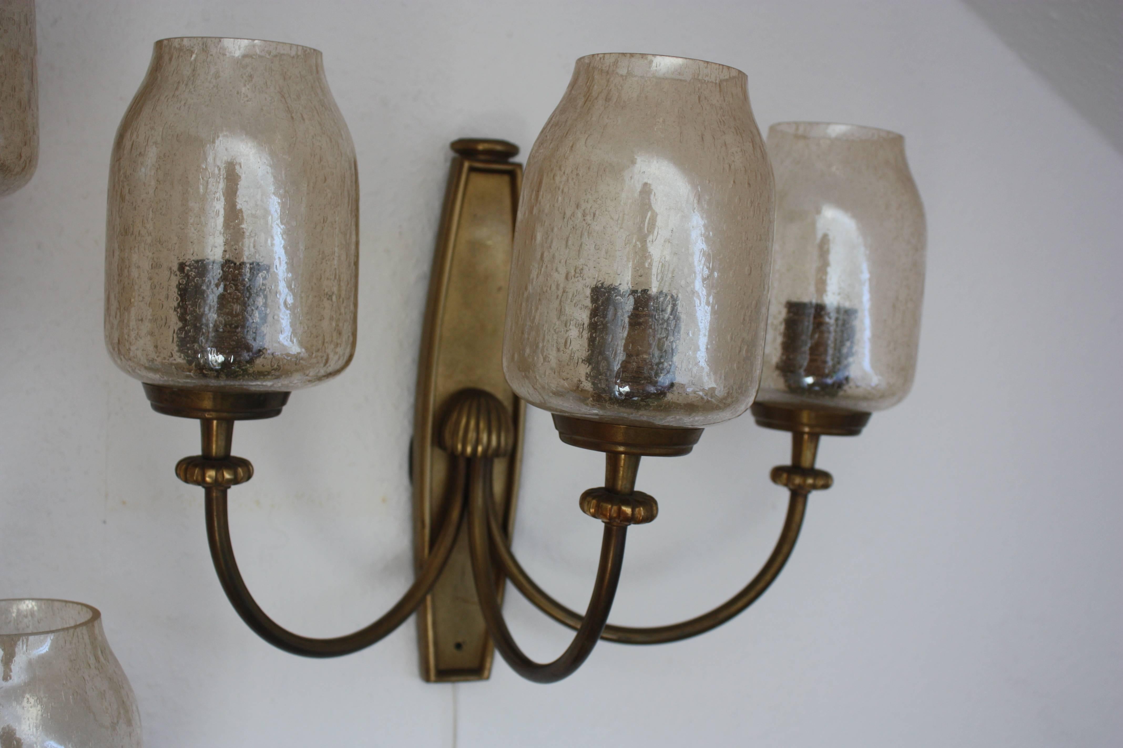 Set of Three Large Art Deco Wall Sconces Brass, 1940s 1