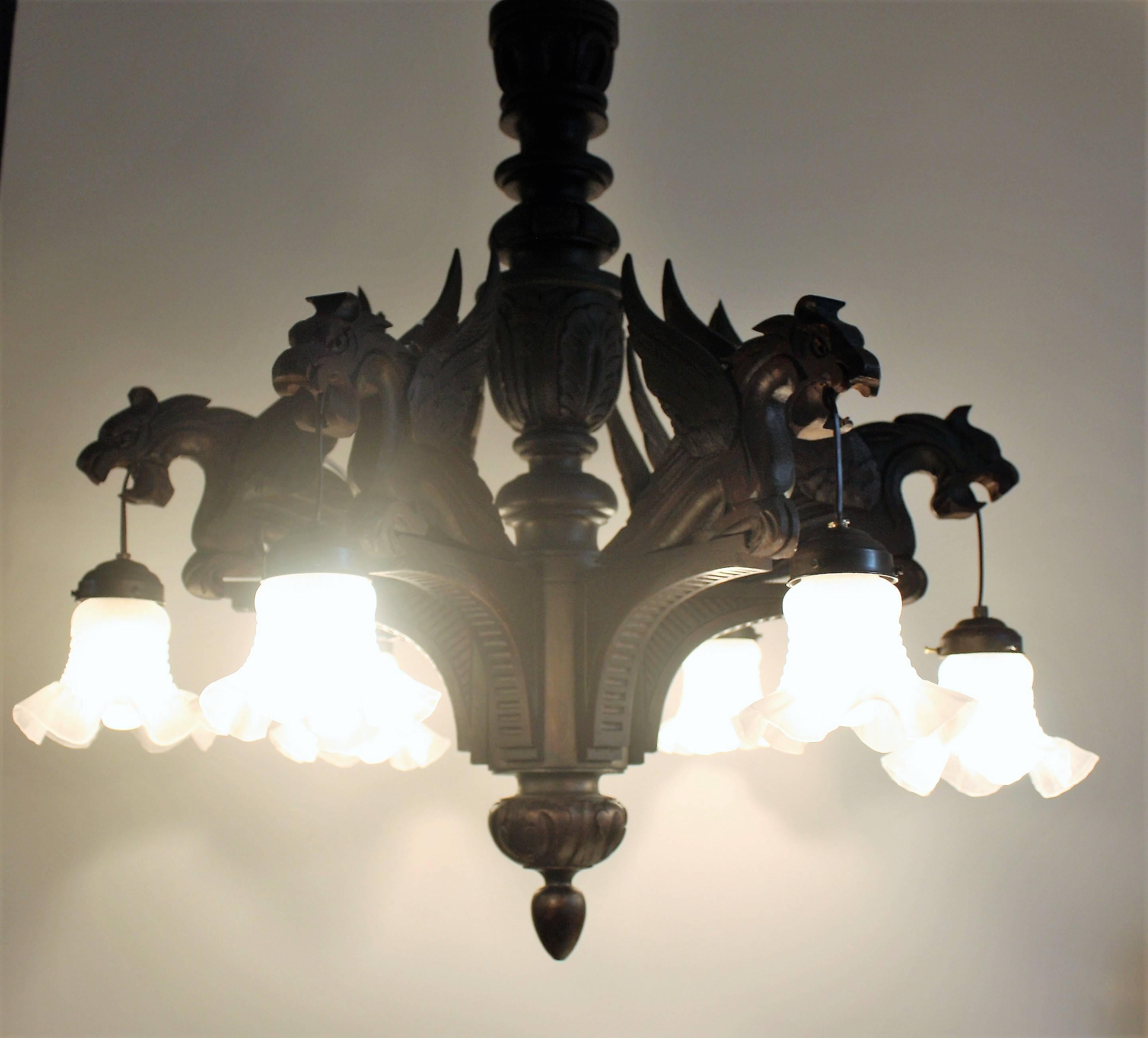 Stunning Six-Light Wooden Chandelier, Hand-Carved, circa 1900 Gothik Style 1