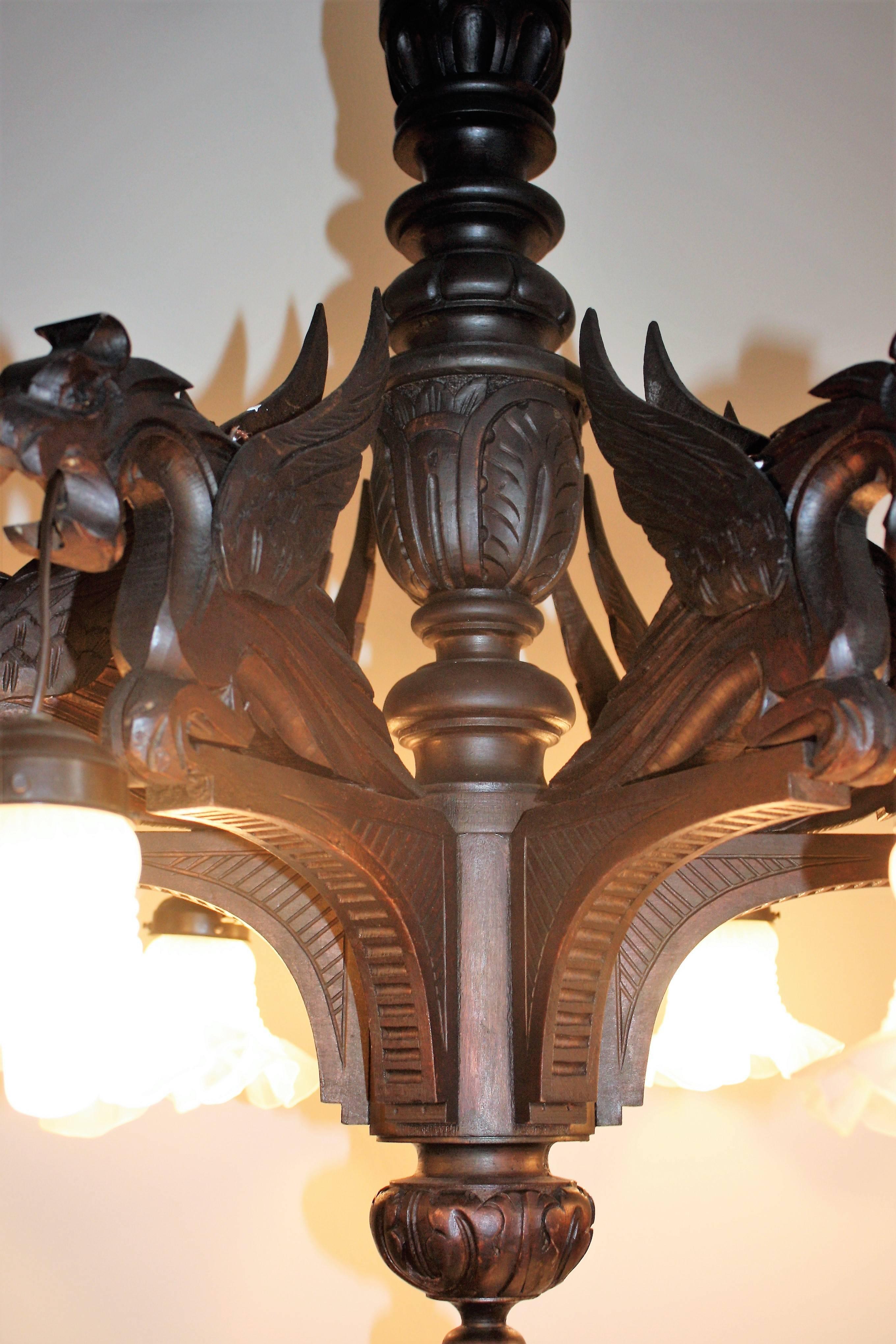 Stunning Six-Light Wooden Chandelier, Hand-Carved, circa 1900 Gothik Style 2
