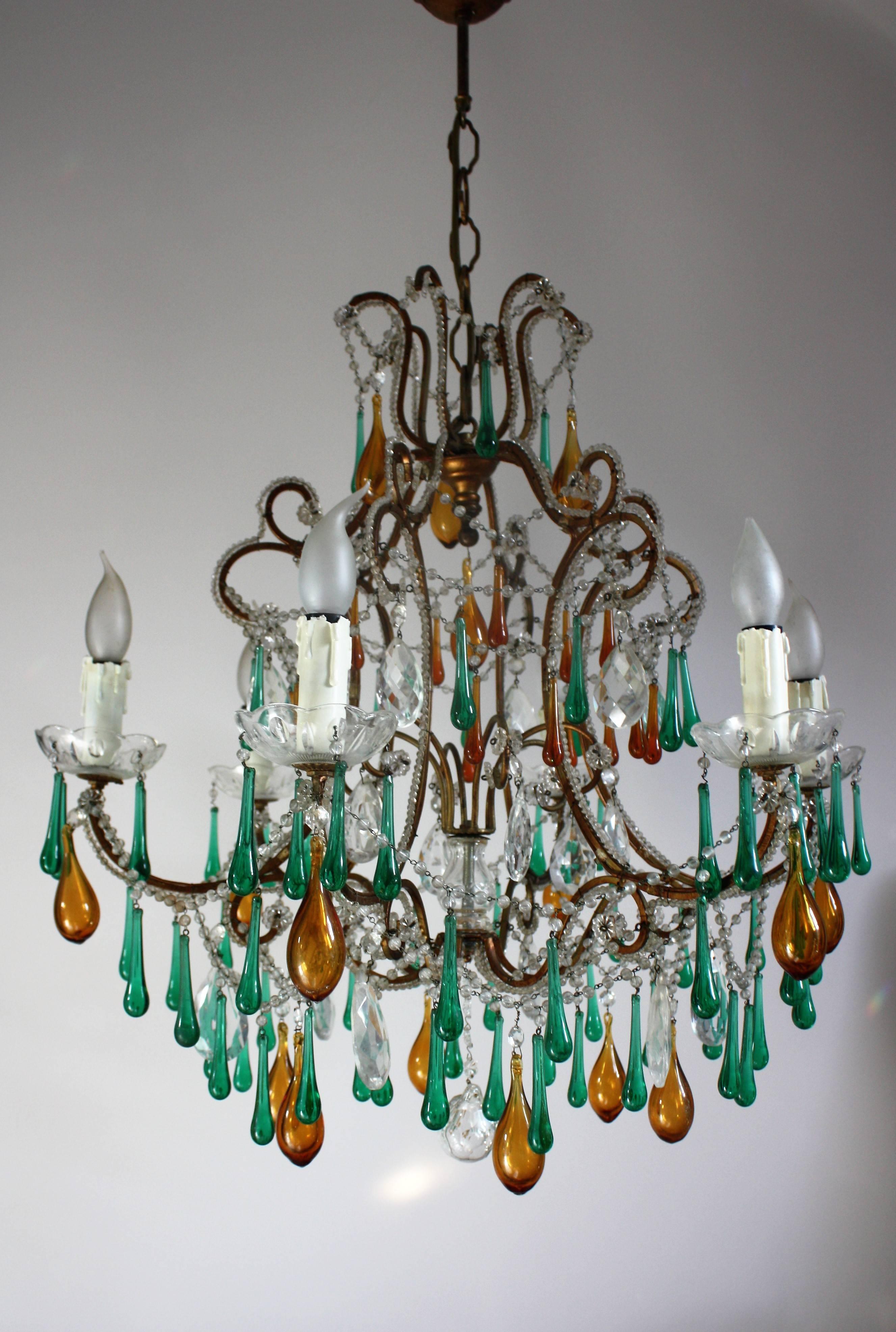  Italian Beaded Crystal Amber Drops Chandelier, 1950s In Excellent Condition In Wiesbaden, Hessen