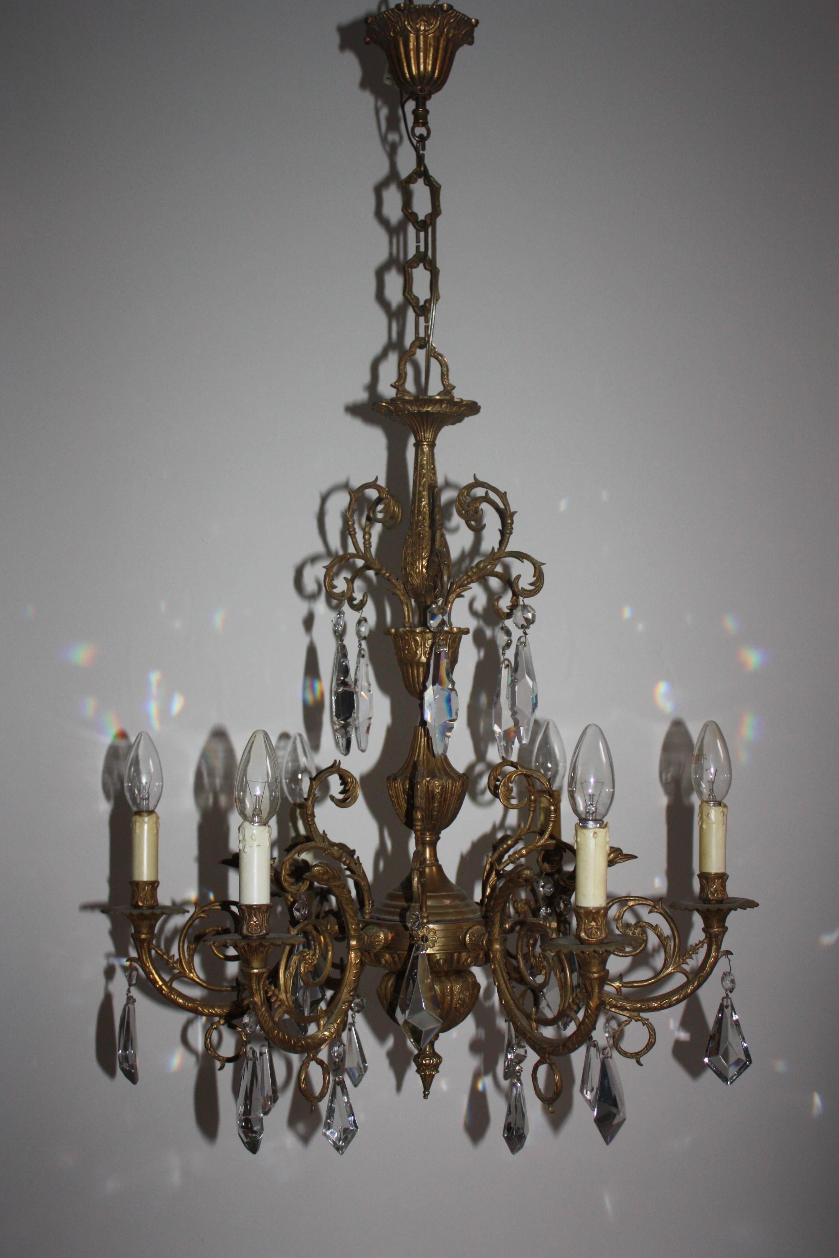 Neoclassical Antique Six-Light Bronze and Crystal Chandelier, circa 1930s