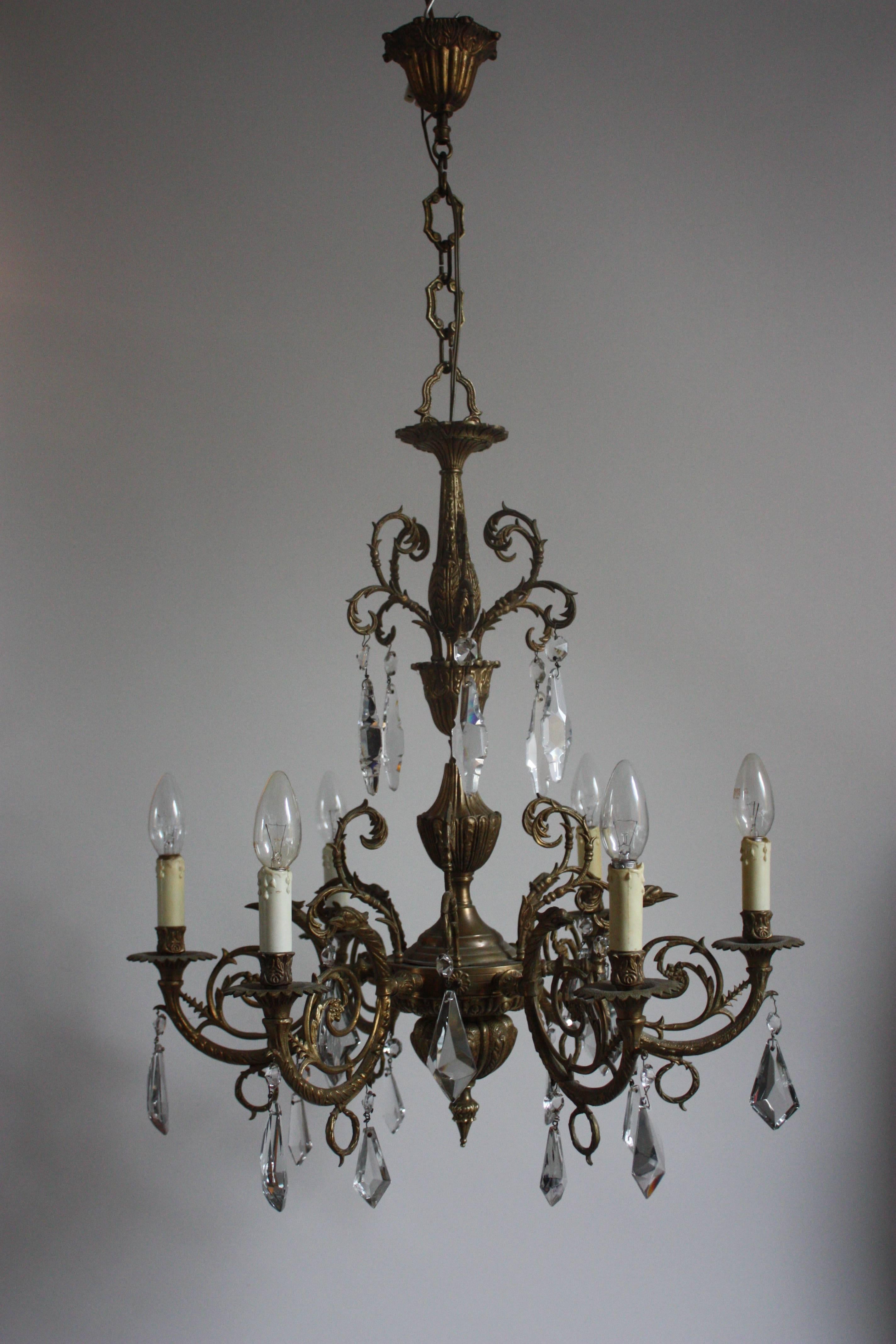Antique Six-Light Bronze and Crystal Chandelier, circa 1930s 1