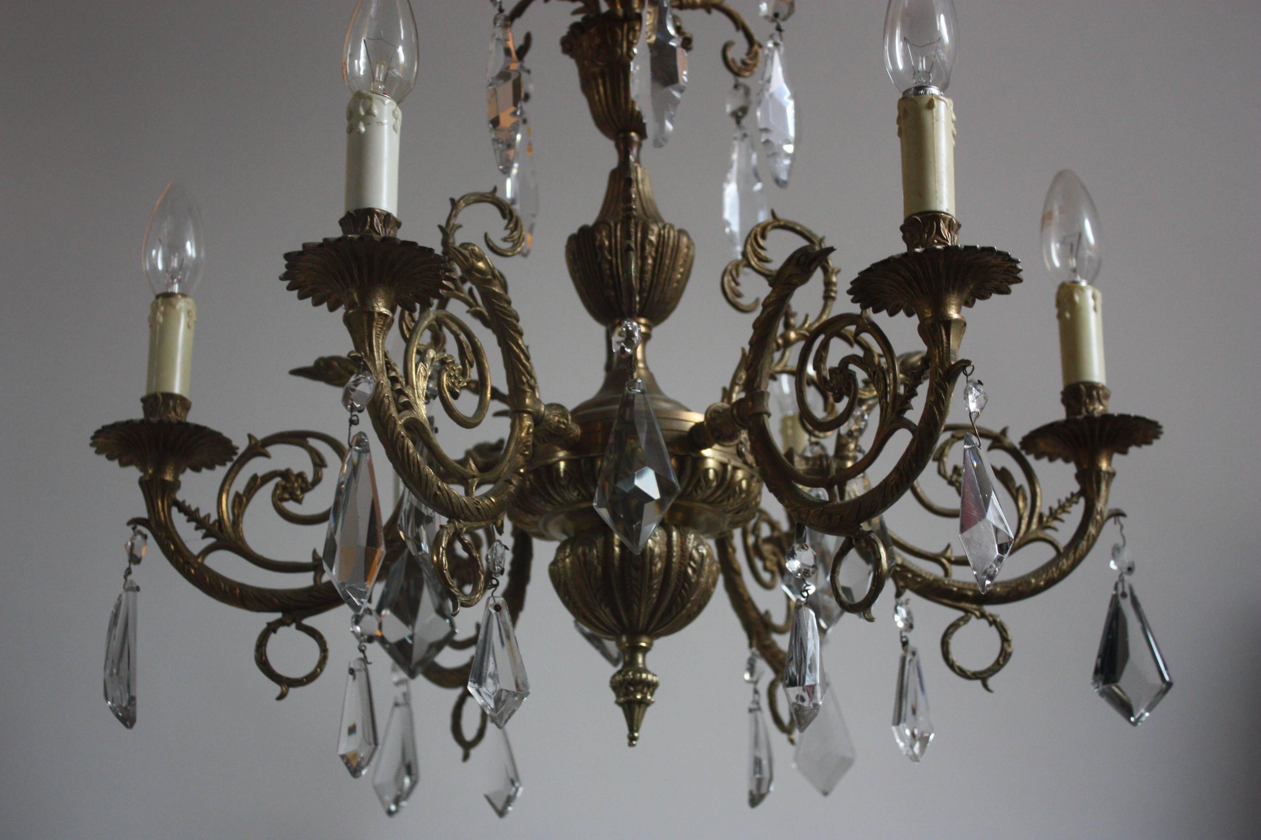 Mid-20th Century Antique Six-Light Bronze and Crystal Chandelier, circa 1930s