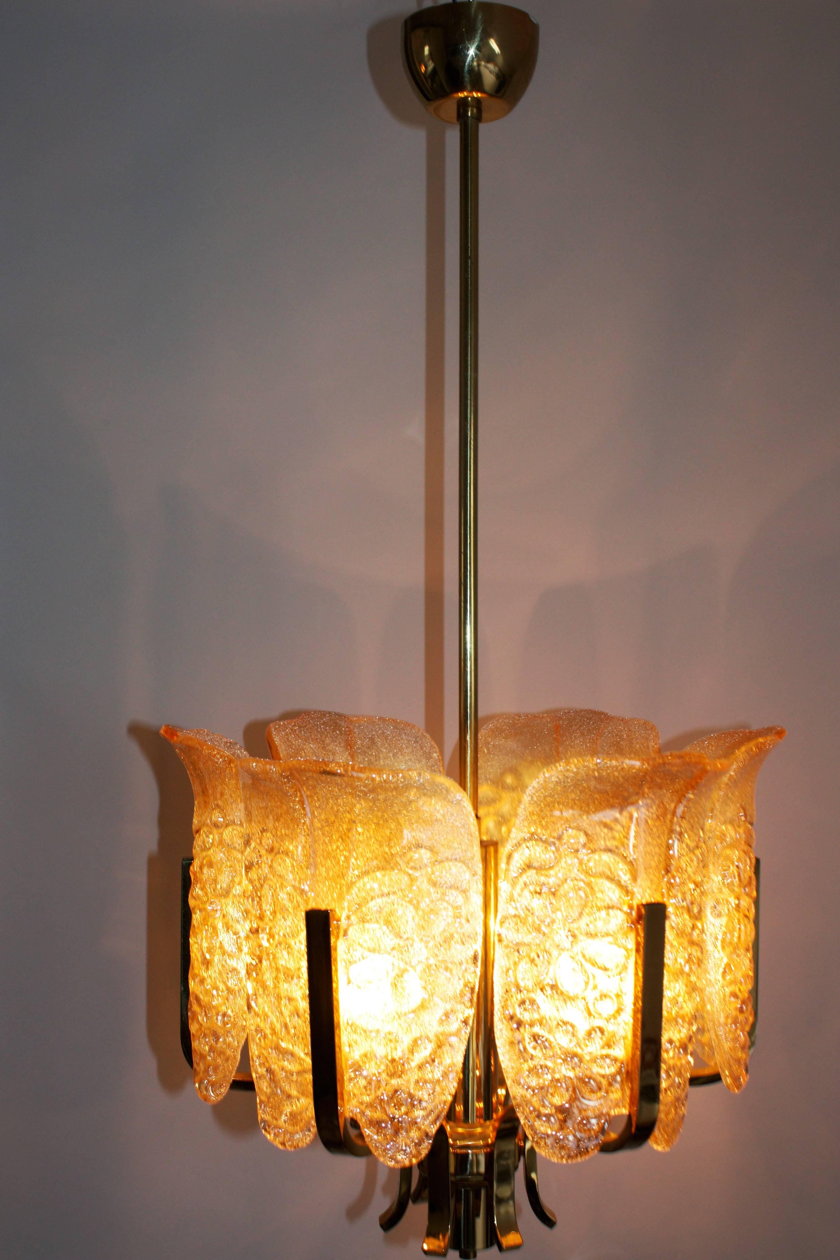 Amber Glass and Brass Chandelier by C. Fagerlund for Orrefors, circa 1960s For Sale 2