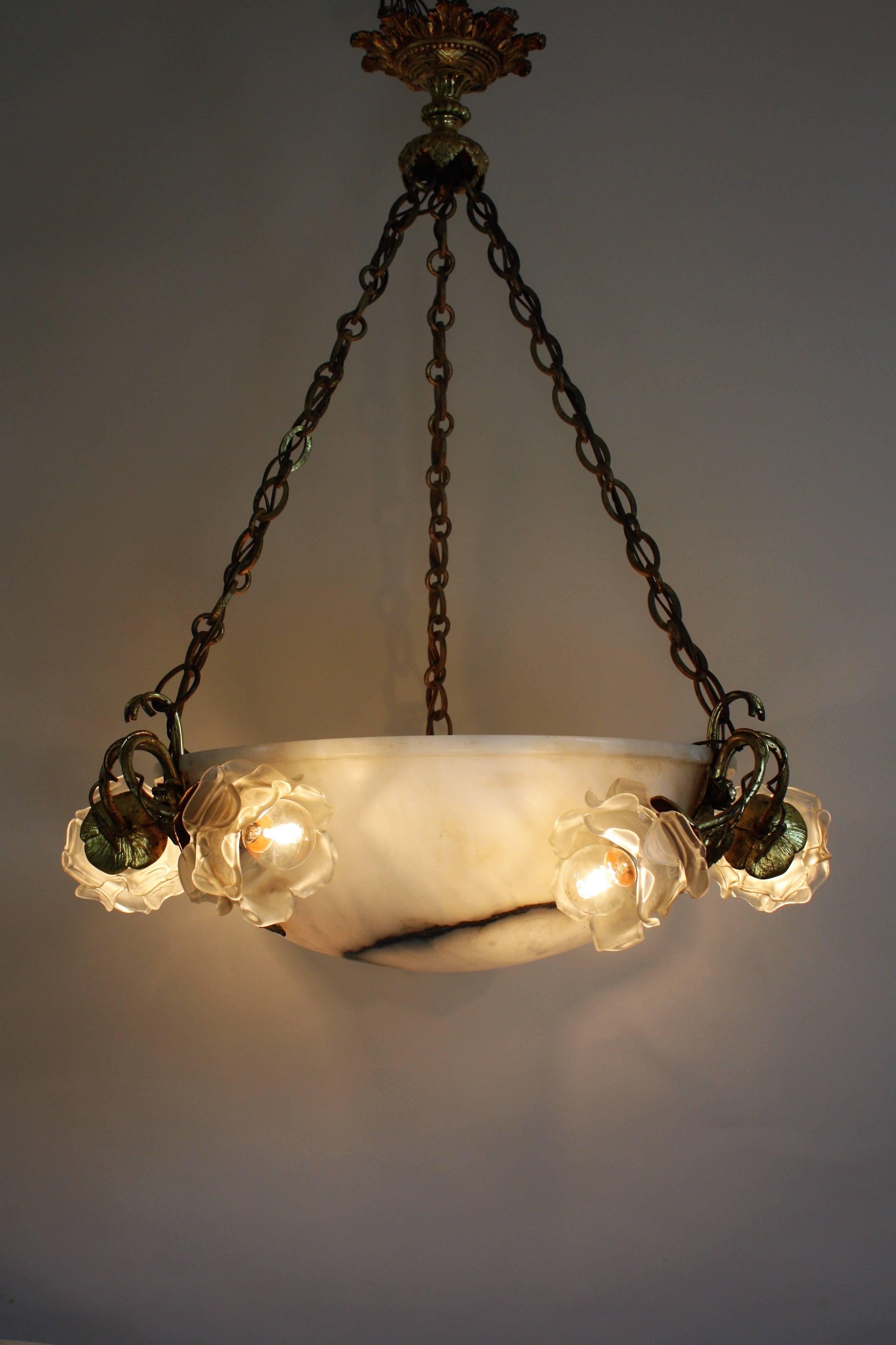 Large Art Deco Glass Roses and Alabaster Pendant, France, circa 1920s For Sale 2