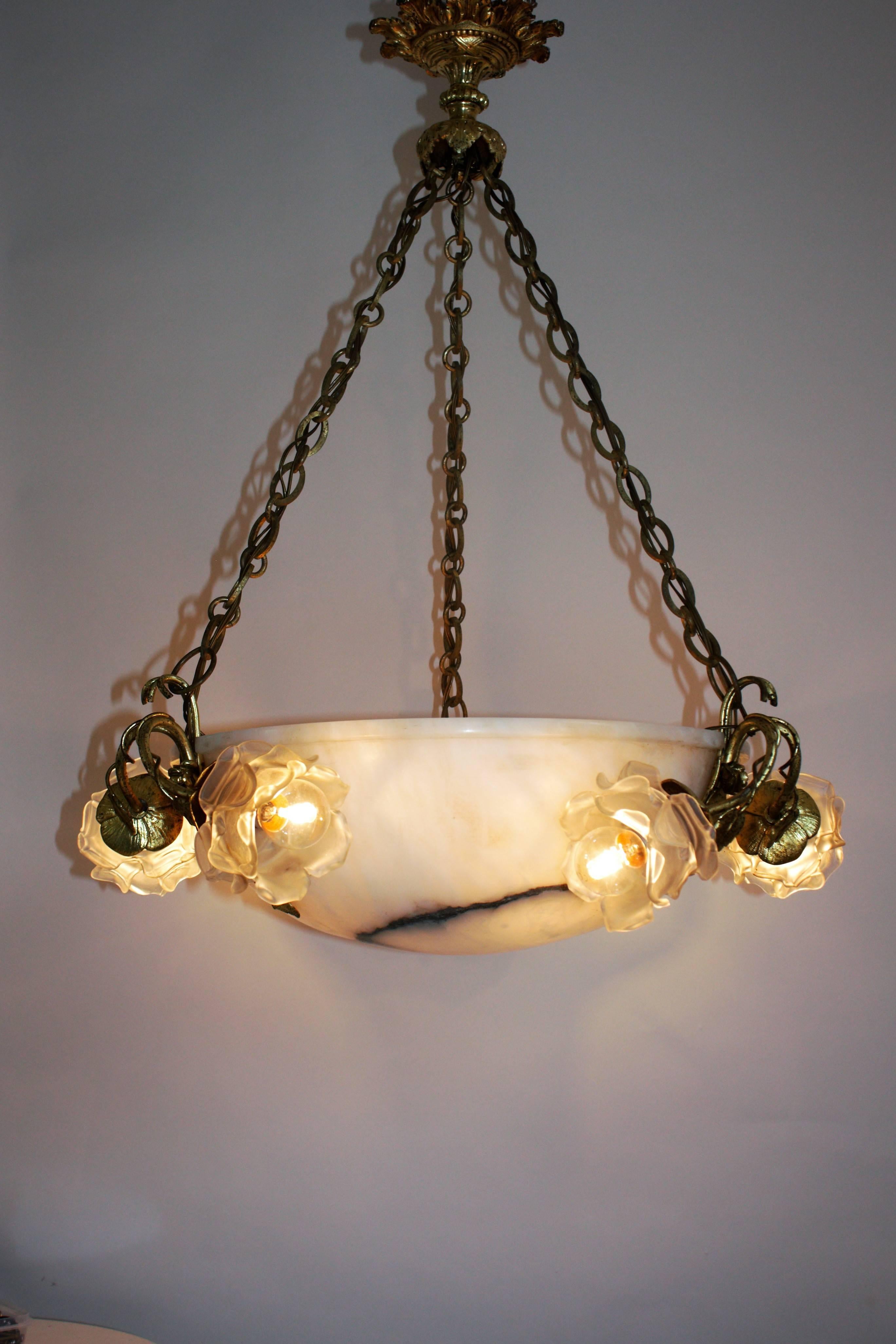 Gilt Large Art Deco Glass Roses and Alabaster Pendant, France, circa 1920s For Sale