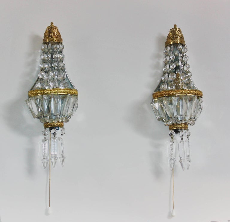 Pair of French Crystal and Brass Wall Sconces, circa 1930s For Sale at 1stdibs