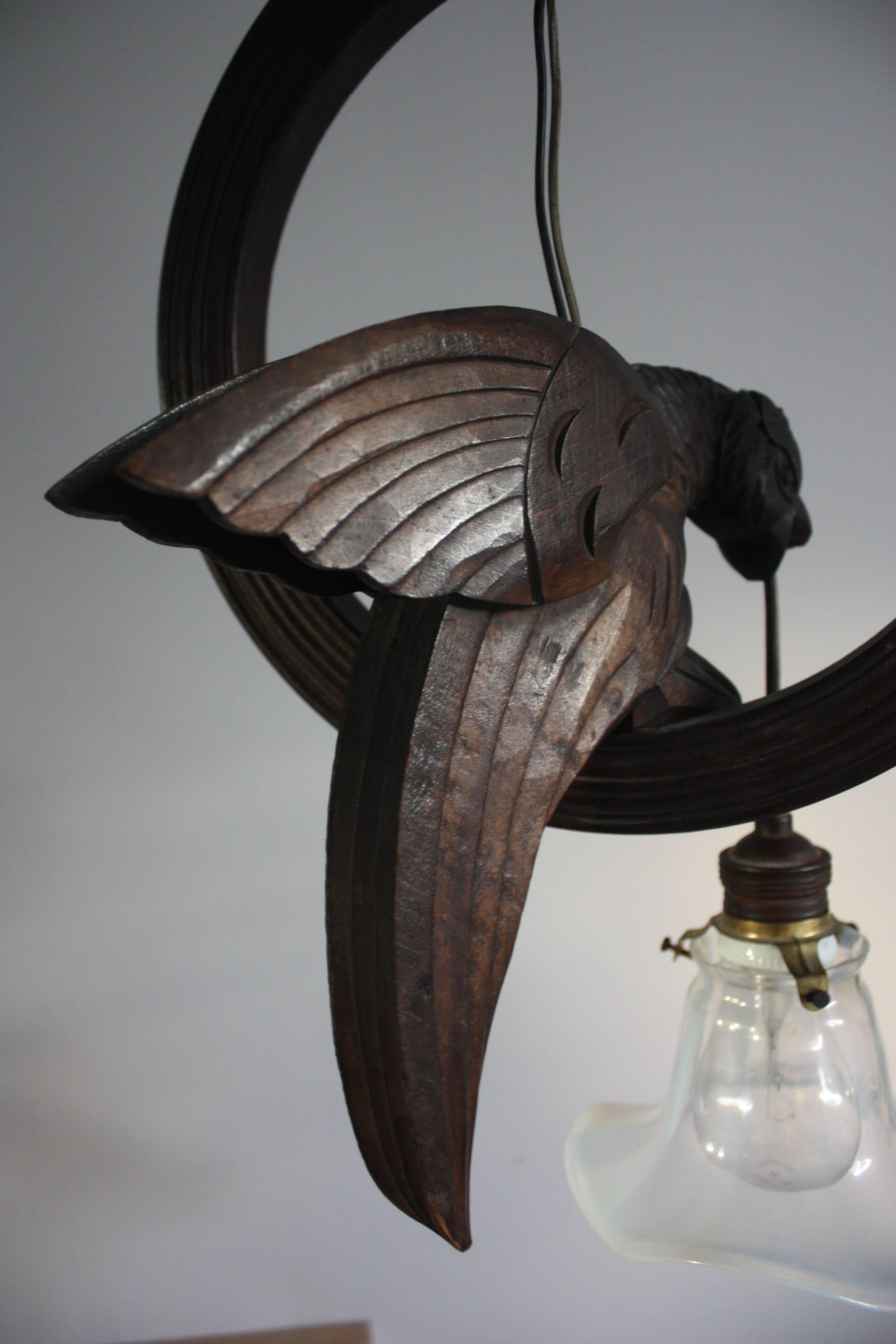 Art Nouveau Carved Wood and Opaline Glass Eagle Pendant, circa 1900s (Deutsch)