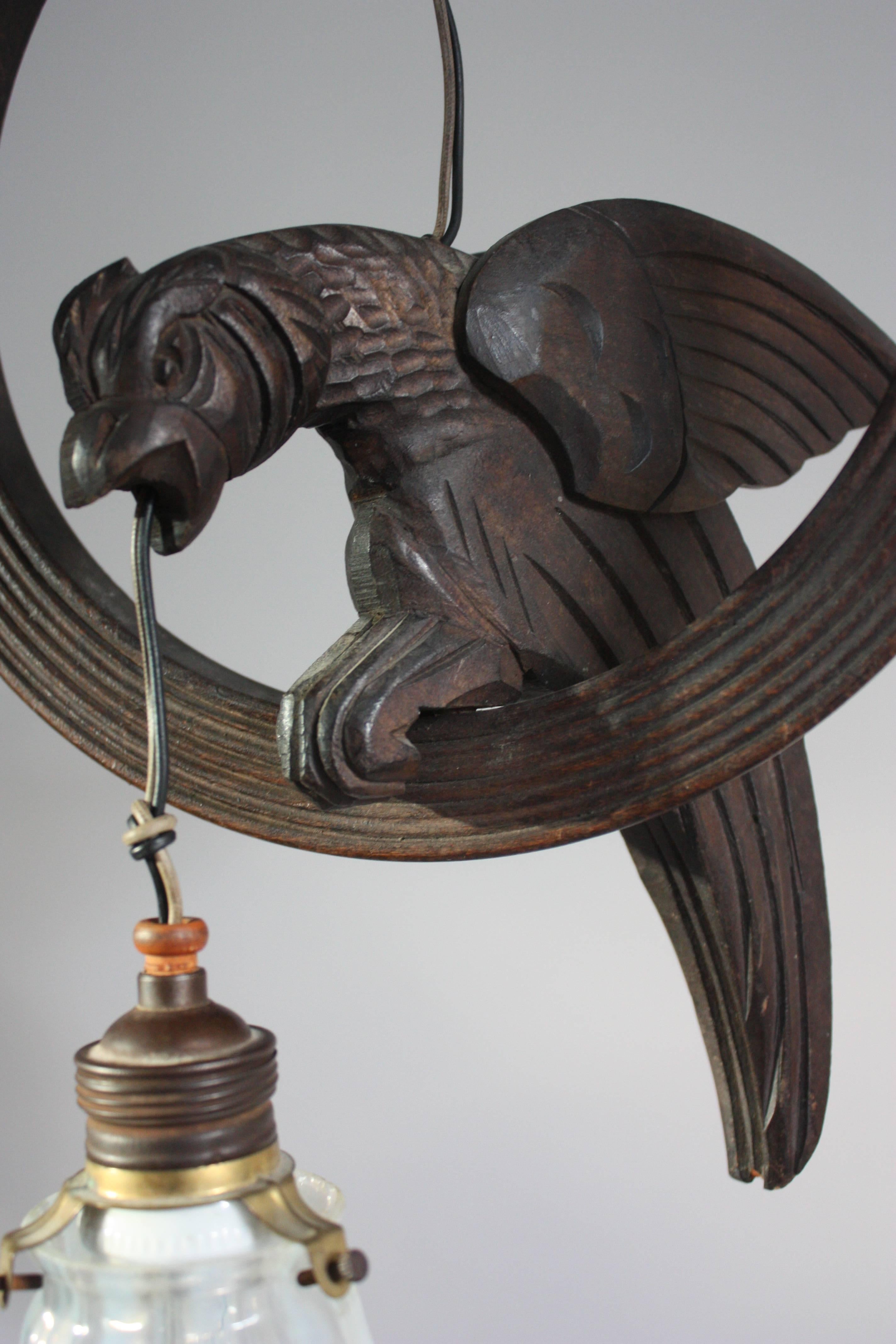 German Art Nouveau Carved Wood and Opaline Glass Eagle Pendant, circa 1900s