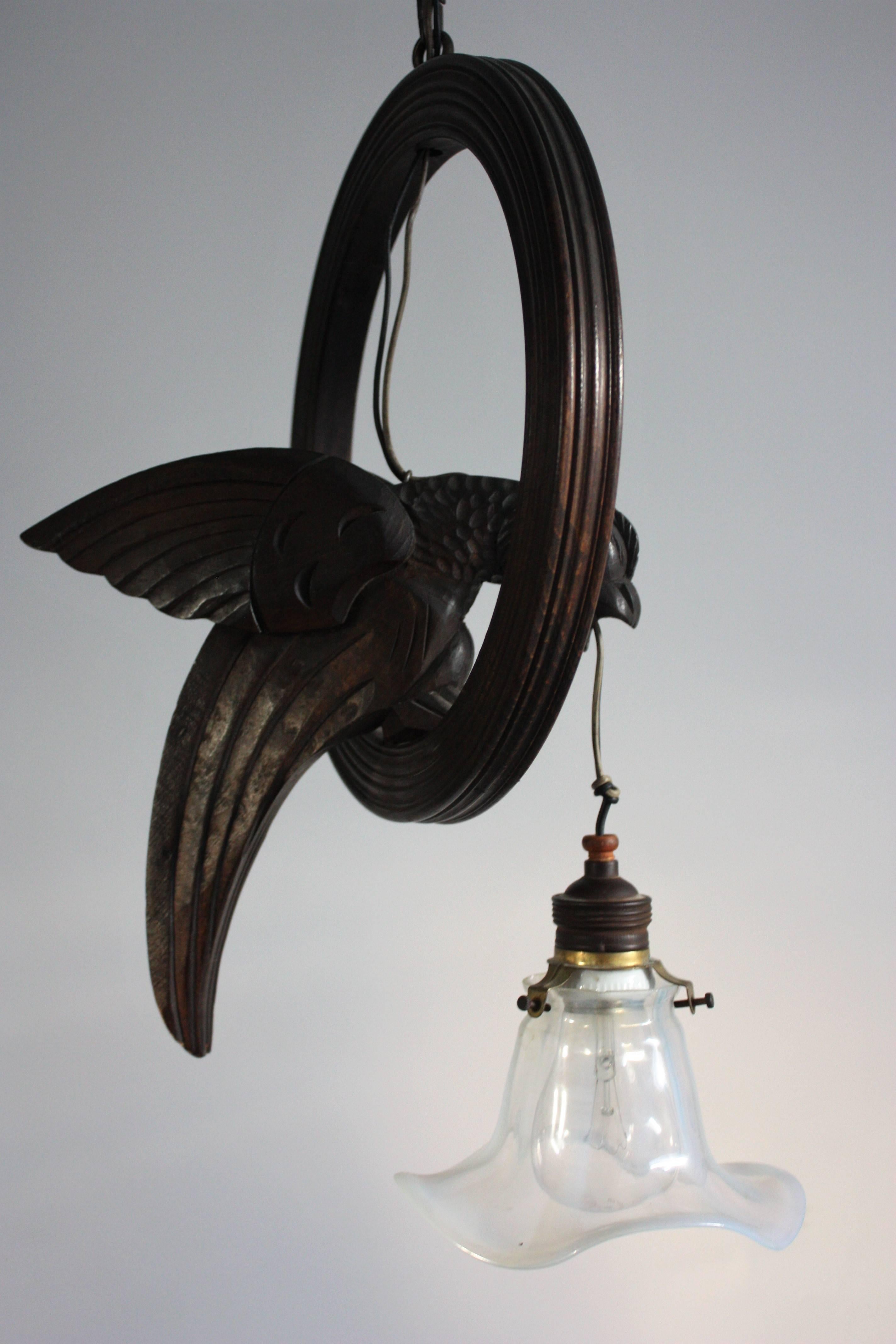 Early 20th Century Art Nouveau Carved Wood and Opaline Glass Eagle Pendant, circa 1900s