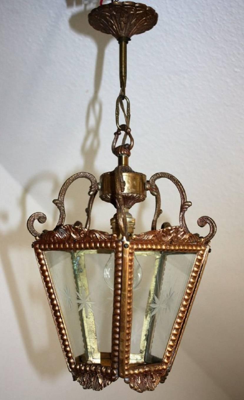 Bohemian Hanging Vintage Brass and Etched Glass Lantern, circa 1960s For Sale