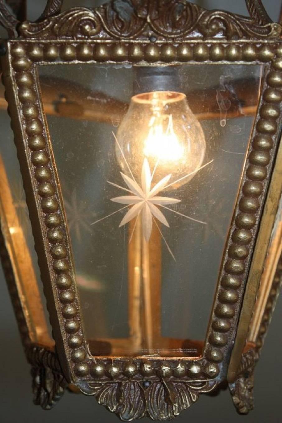 Unknown Hanging Vintage Brass and Etched Glass Lantern, circa 1960s For Sale