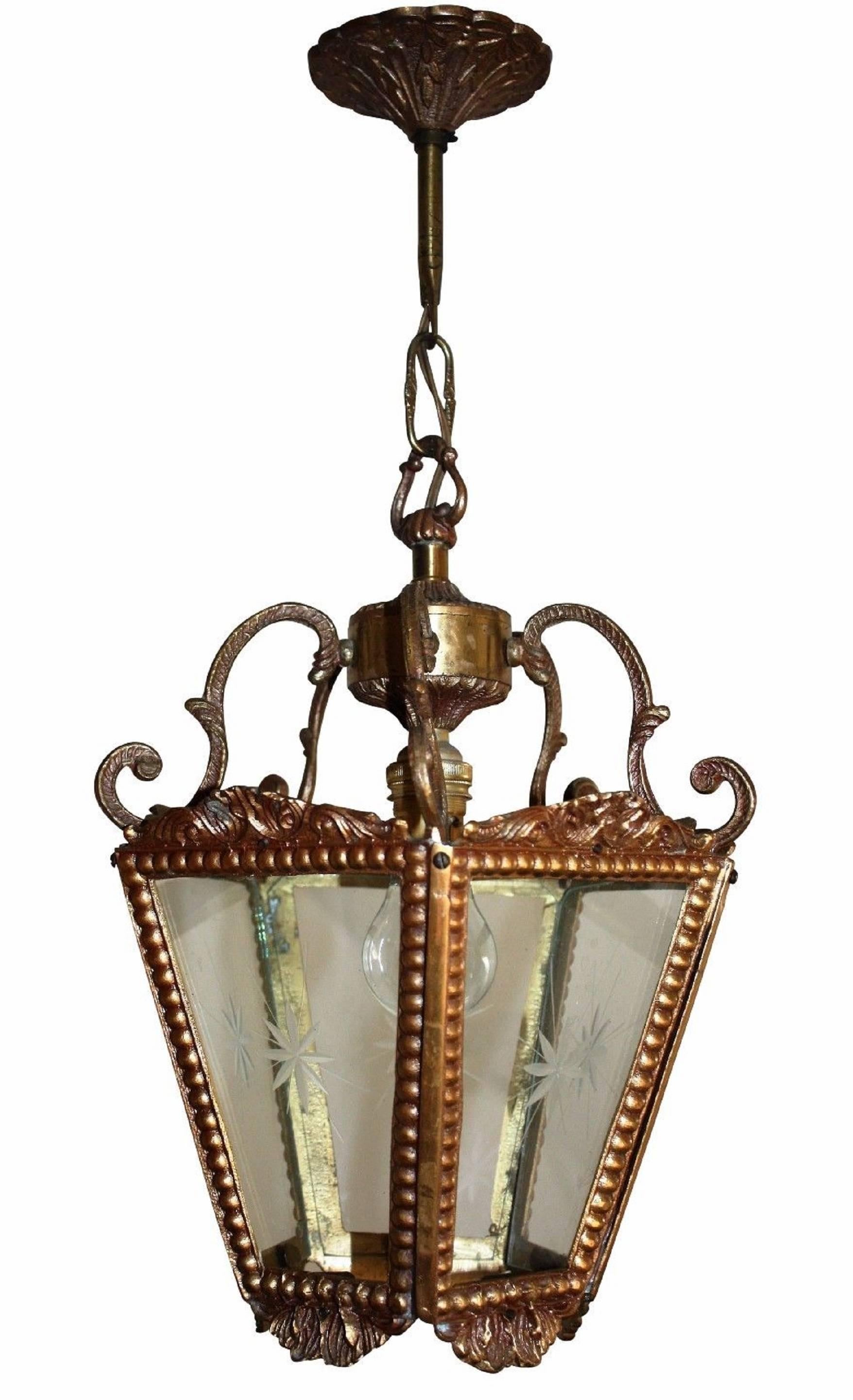 Hanging Vintage Brass and Etched Glass Lantern, circa 1960s In Excellent Condition For Sale In Wiesbaden, Hessen