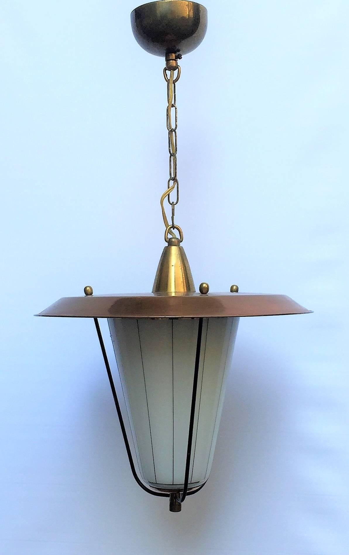 Mid-20th Century Midcentury Pendant Brass, Copper and Glass Lantern, Austria, circa 1950s