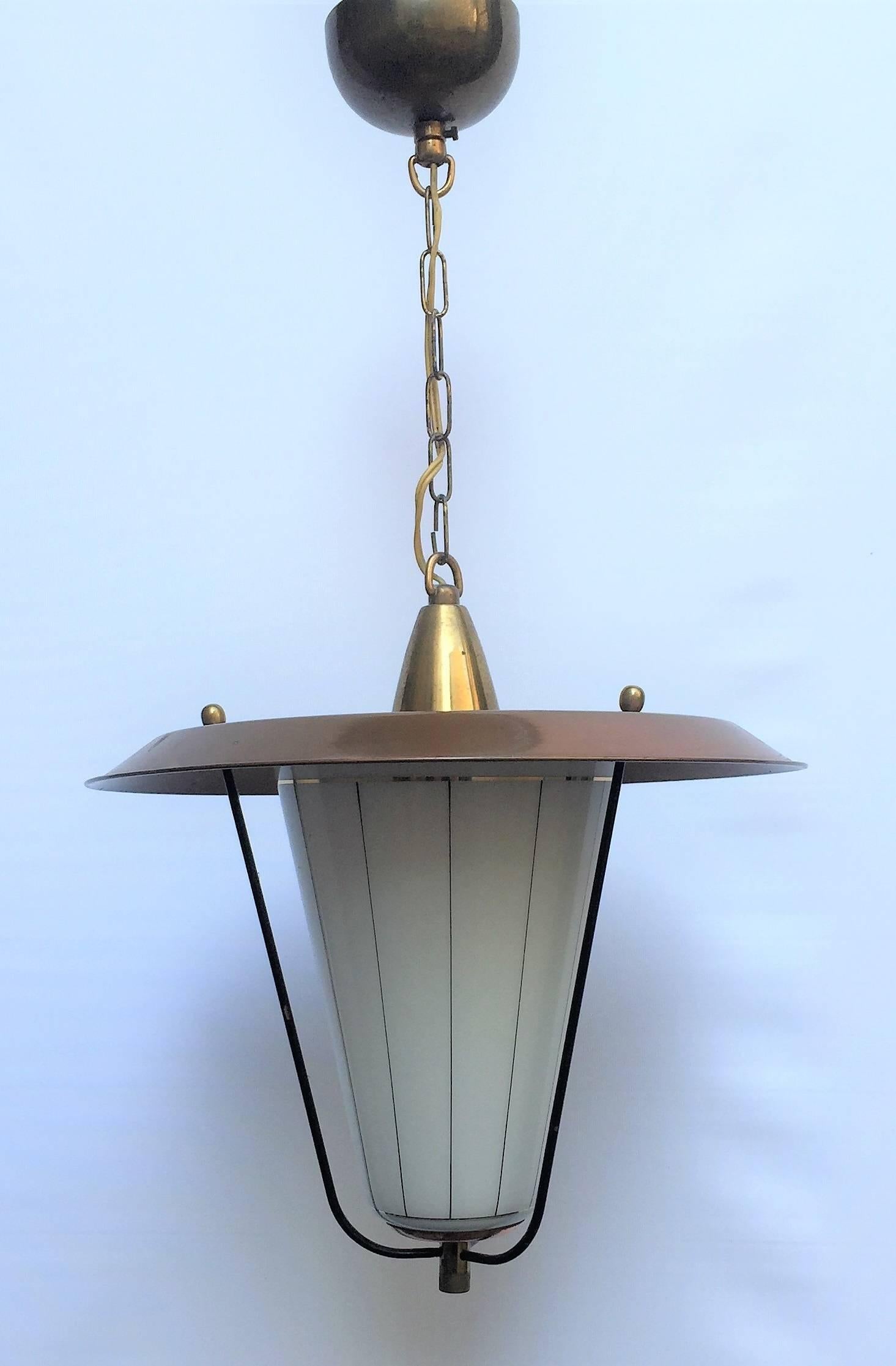 Midcentury Pendant Brass, Copper and Glass Lantern, Austria, circa 1950s In Excellent Condition In Wiesbaden, Hessen