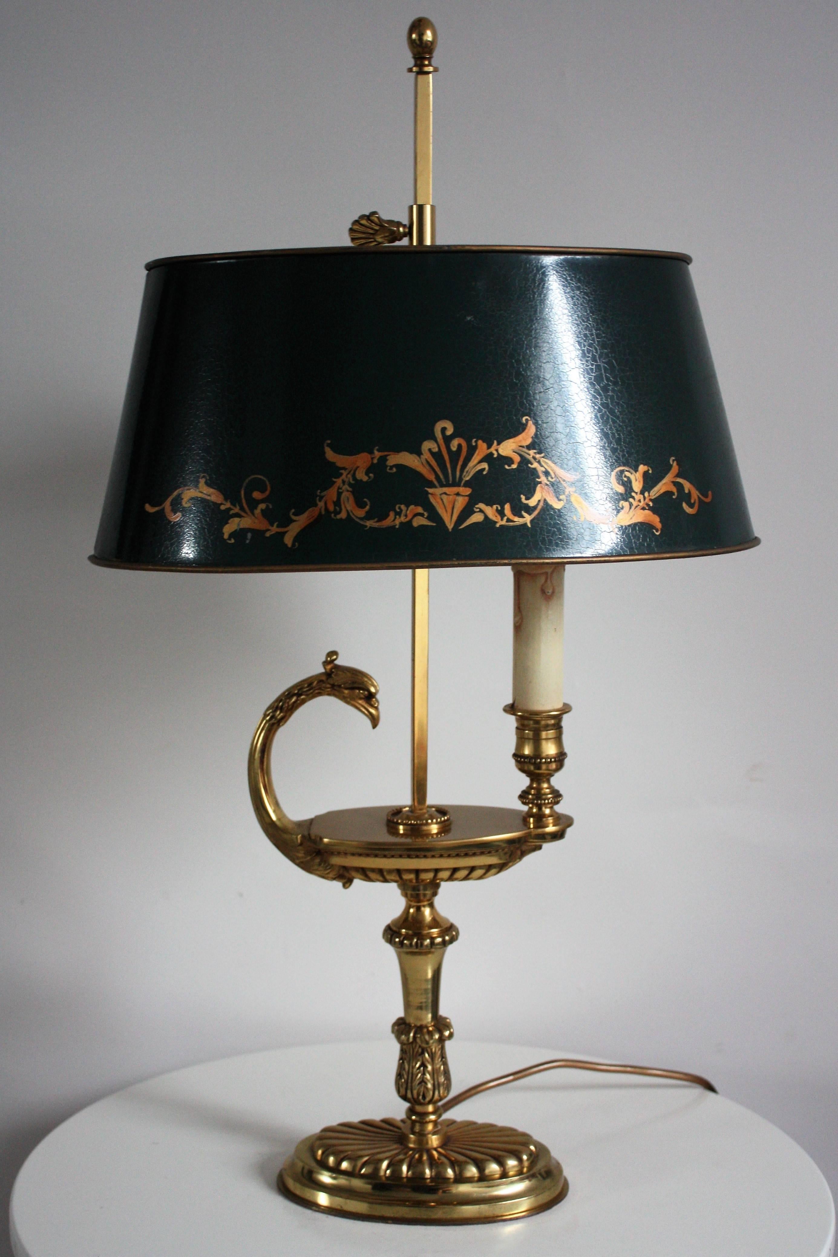 French bouillotte bronze two-light table lamp in the style of Empire, France, circa 1930s
bronze and green metal lampshade.
Socket: two x E14 for standard screw bulbs.
Very good condition.

 