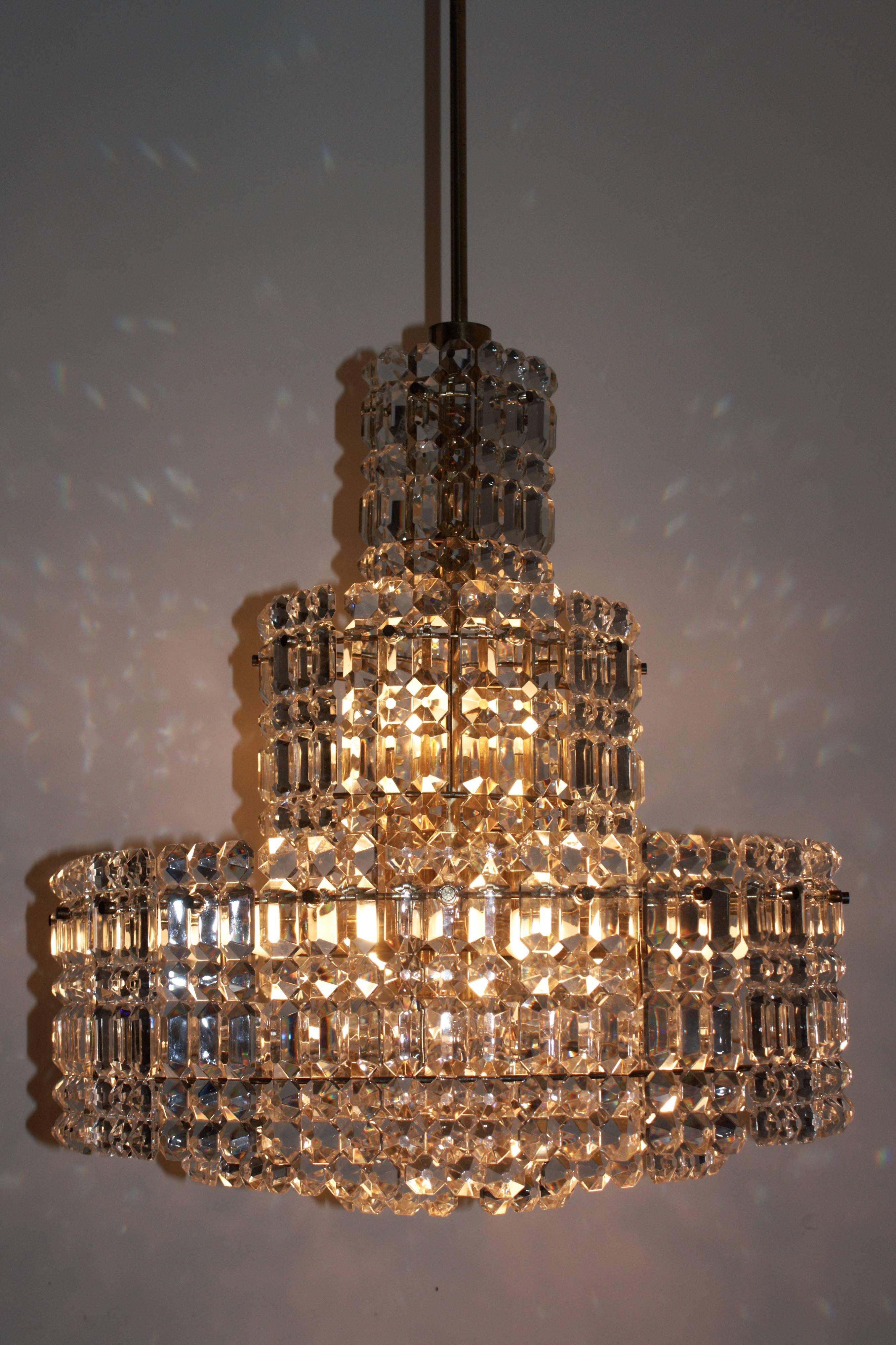 German Huge Mid-Century Five-Tier Chandelier by Kinkeldey, Brass Grip Crystal, 1960s