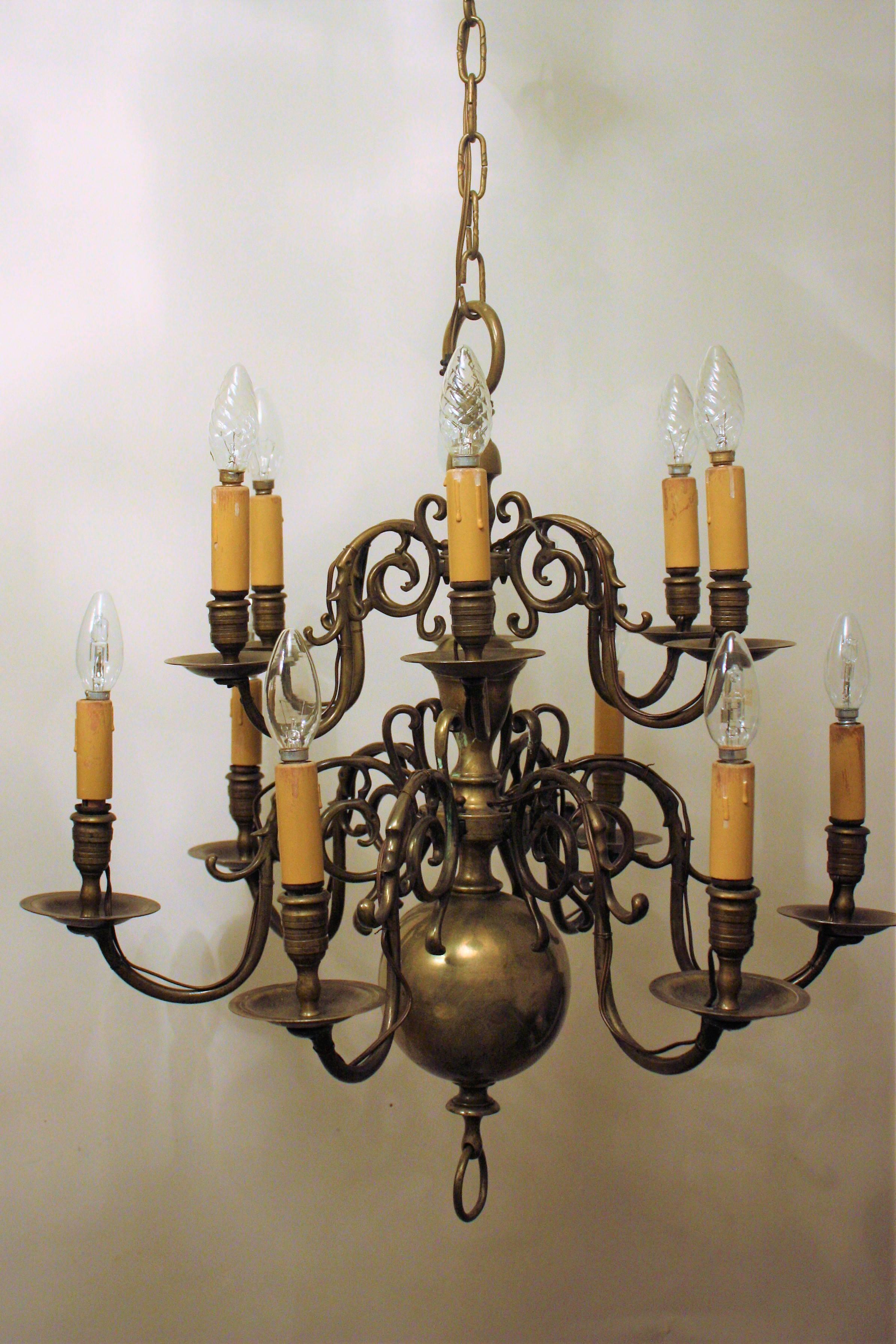 French Antique Dutch Brass Baroque Chandelier, France, Late 19th Century For Sale