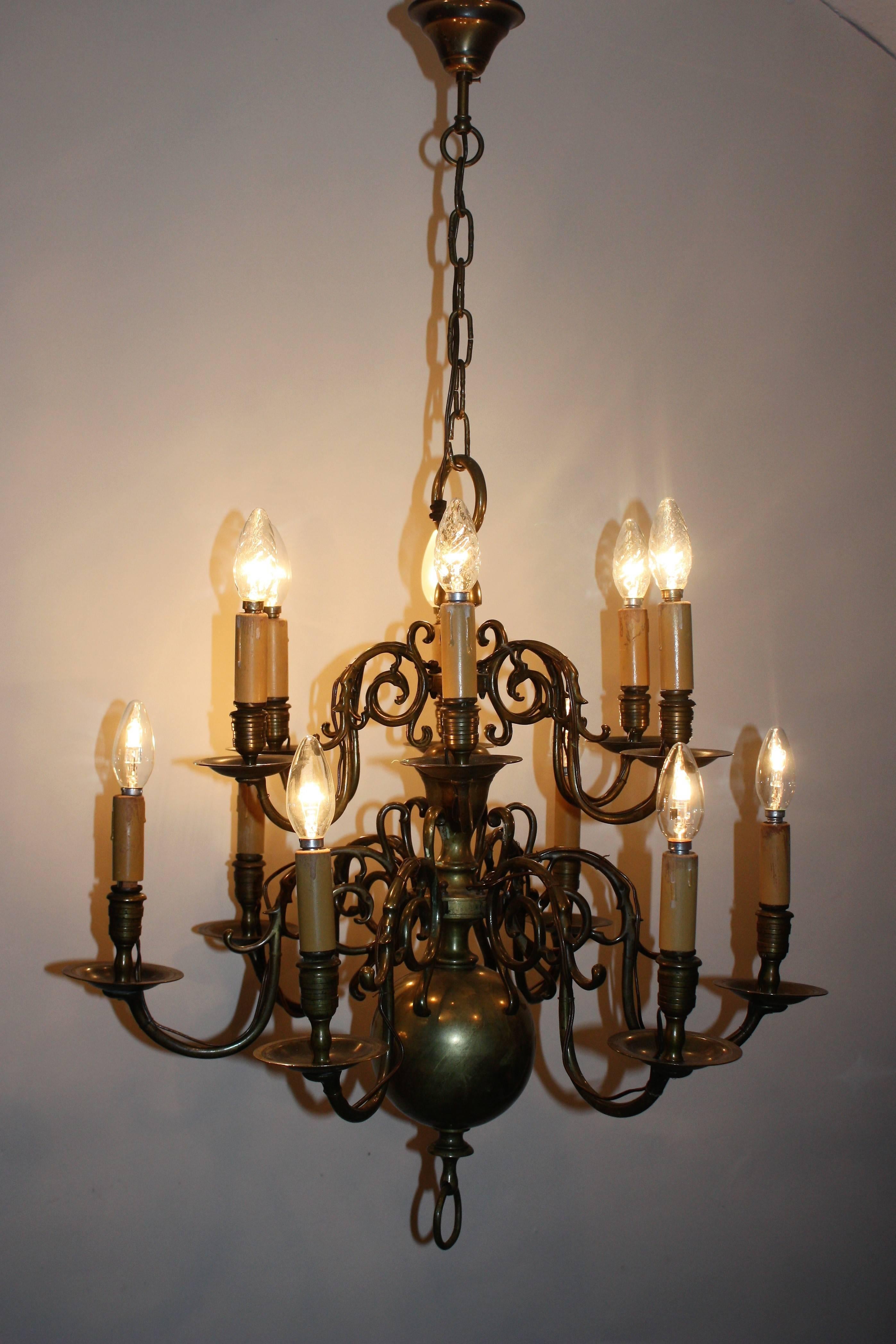 Antique Dutch Brass Baroque Chandelier, France, Late 19th Century For Sale 3
