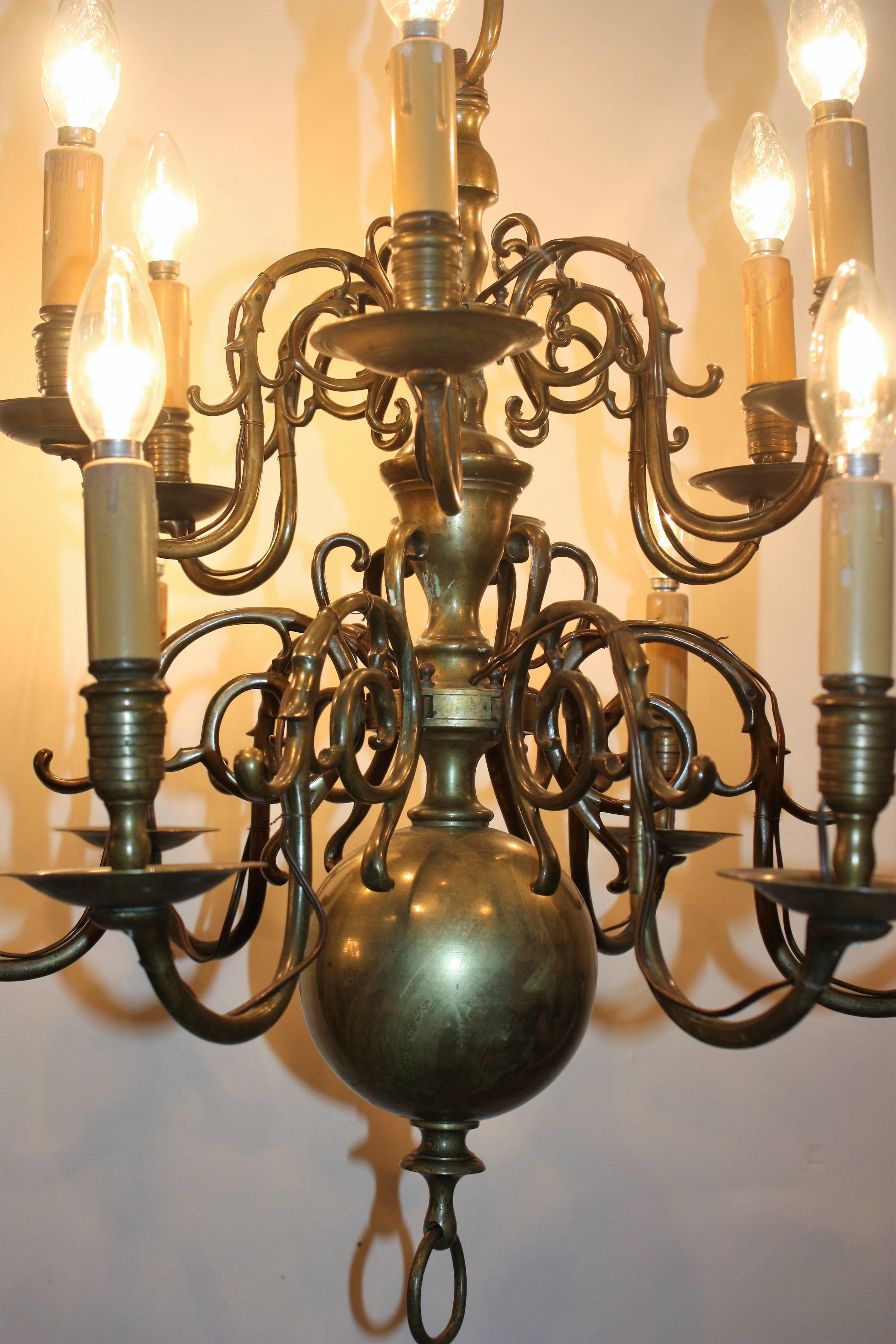 Antique Dutch Brass Baroque Chandelier, France, Late 19th Century For Sale 1