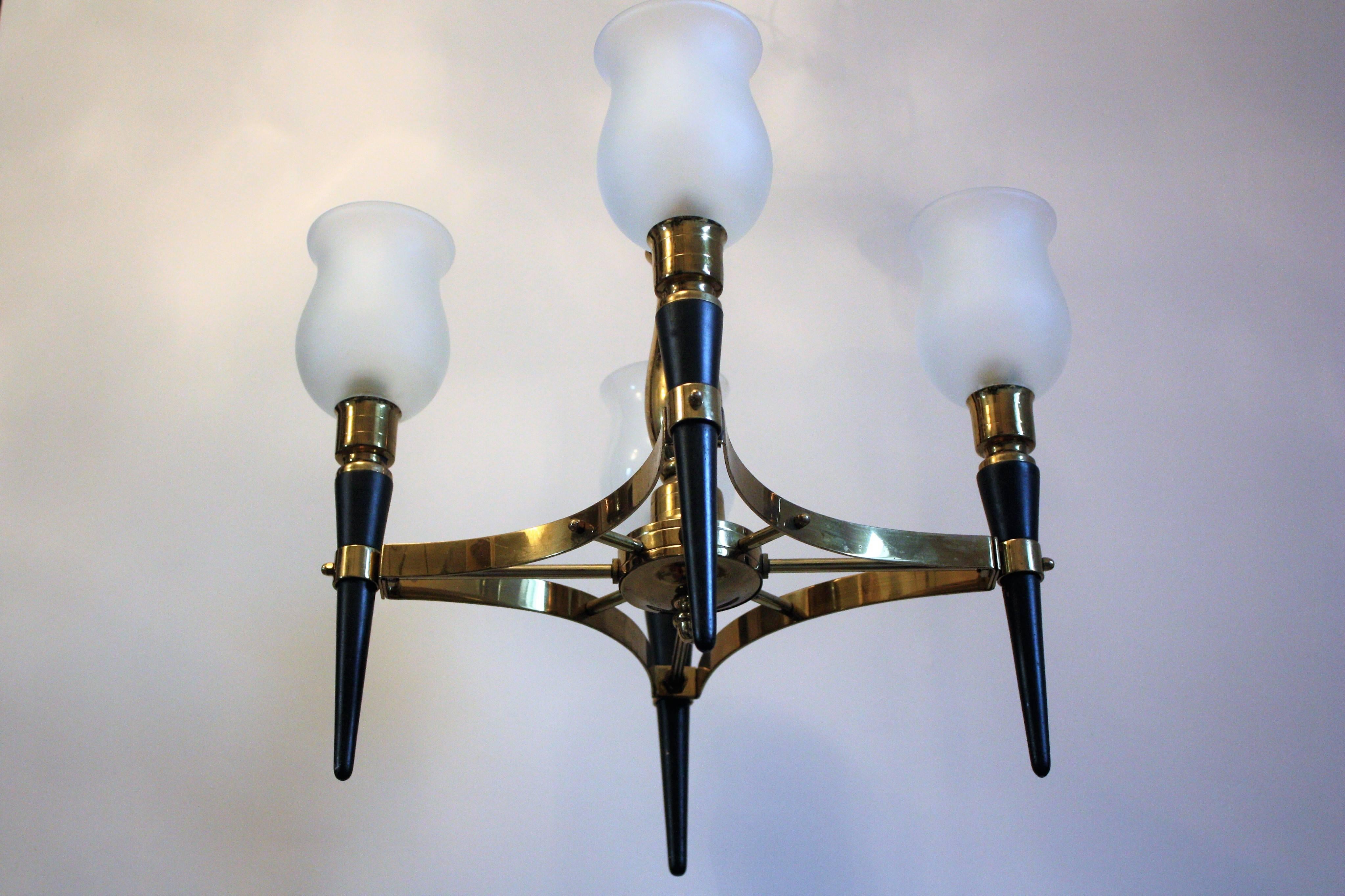Beautiful, elegant four-light brass and glass chandelier by Maison Jansen, France, circa 1950s.
Socket: Four x B22. Rewired for US.
Very good condition with fine patina.