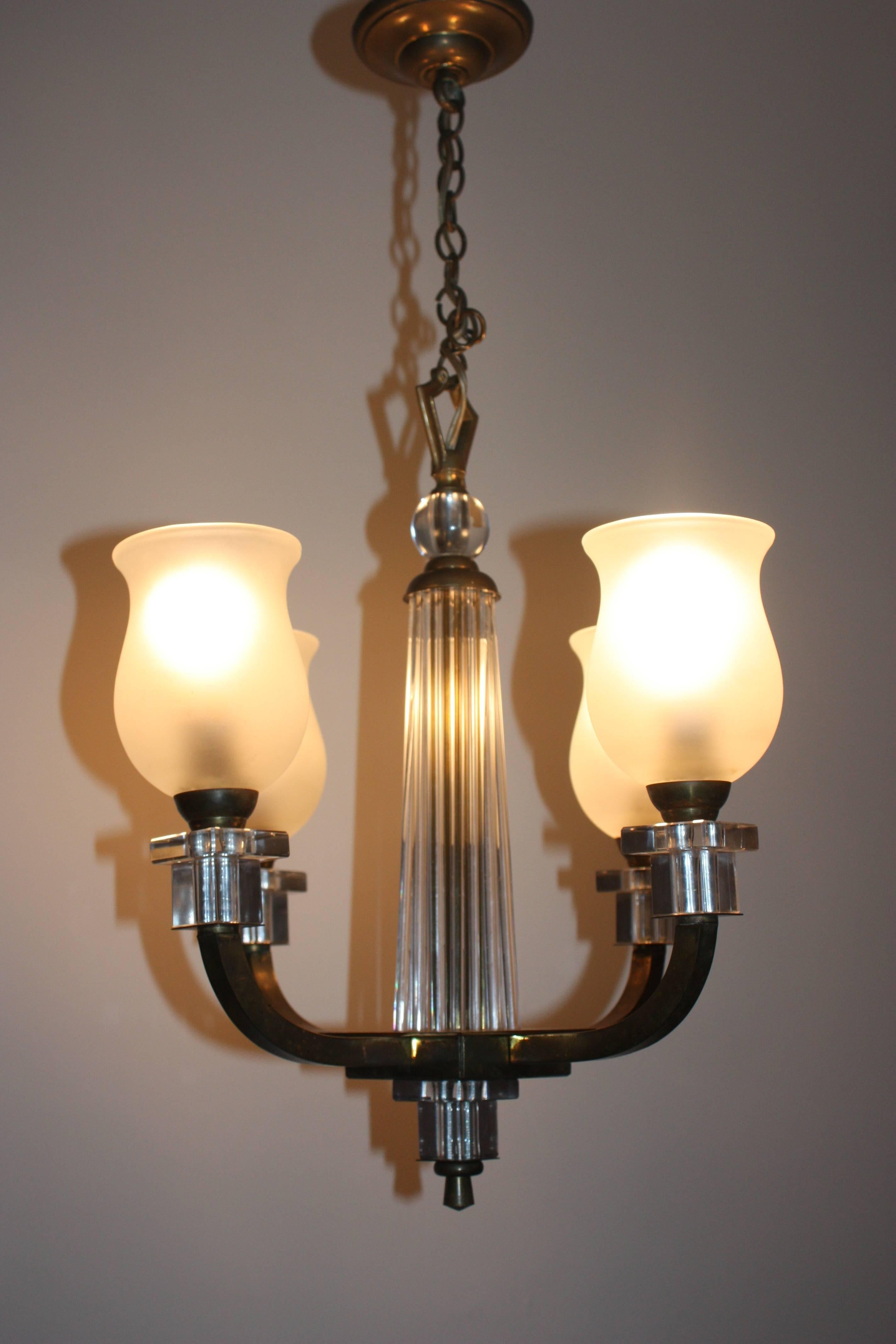Beautiful, four-light bronze and glass chandelier probably by Maison Jansen France, circa 1950s.
Socket: Four x B22. Rewired for US.
Very good condition with fine patina.