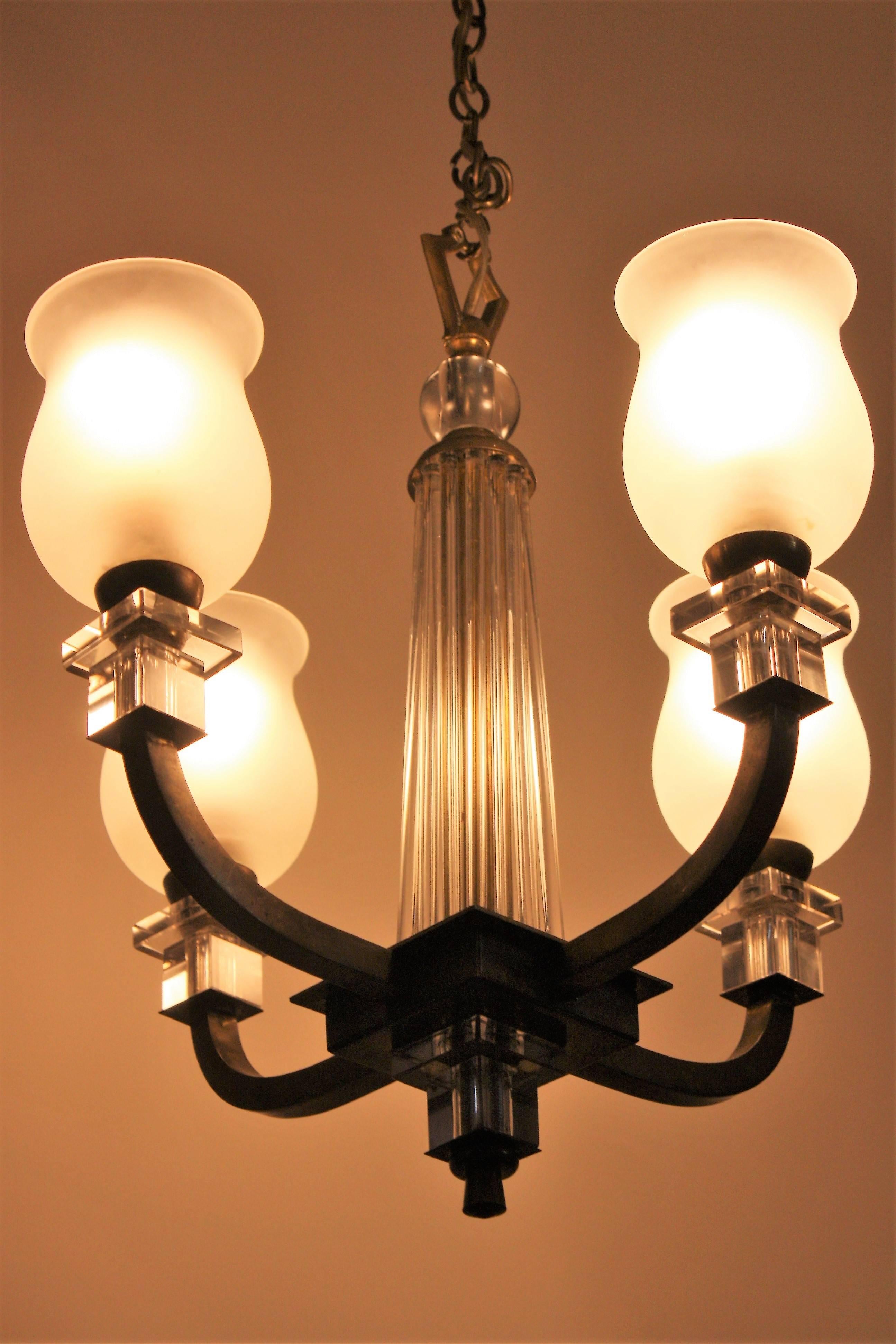 Mid-Century Modern Bronze and Glass Chandelier, France, circa 1950s