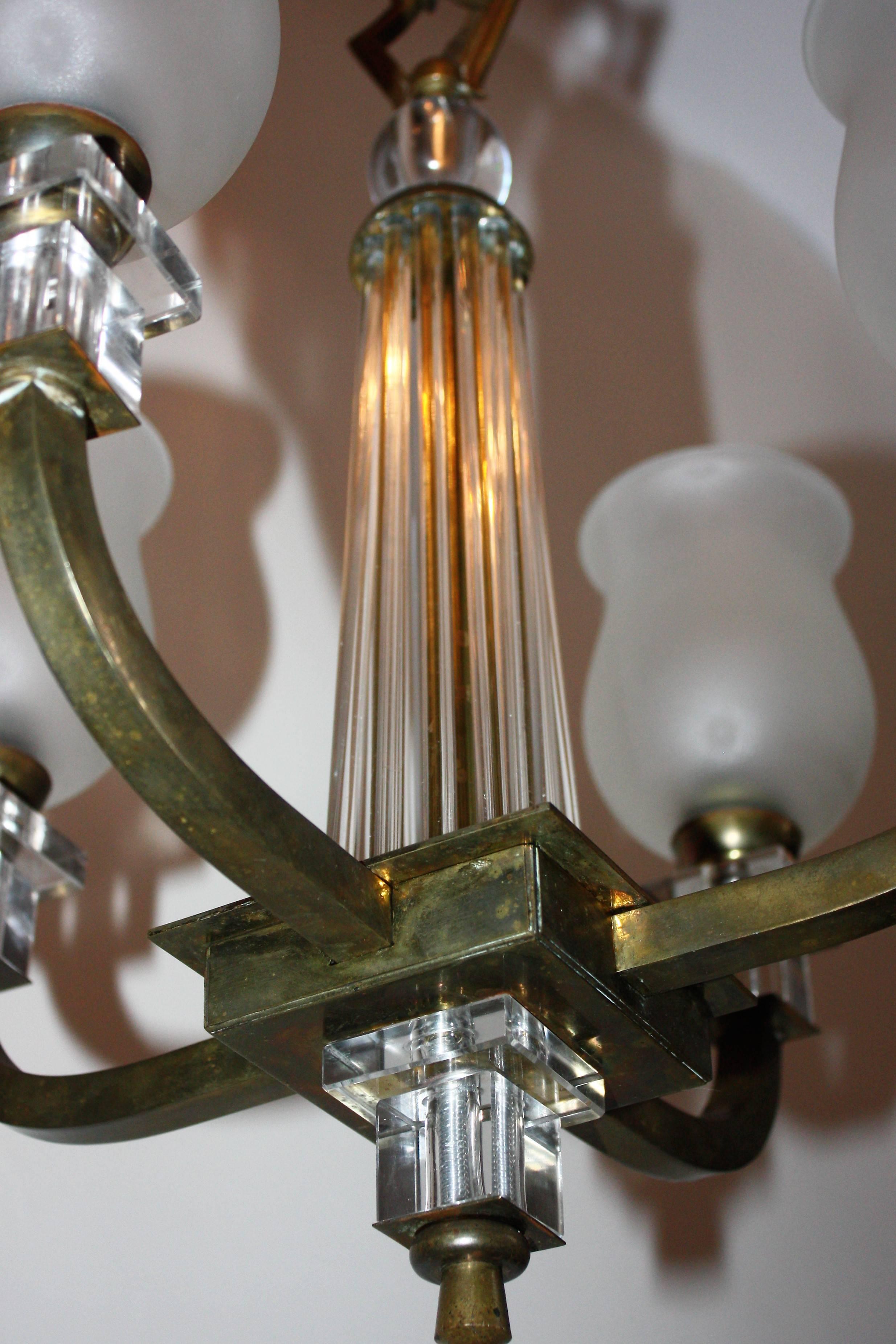 Brass Bronze and Glass Chandelier, France, circa 1950s