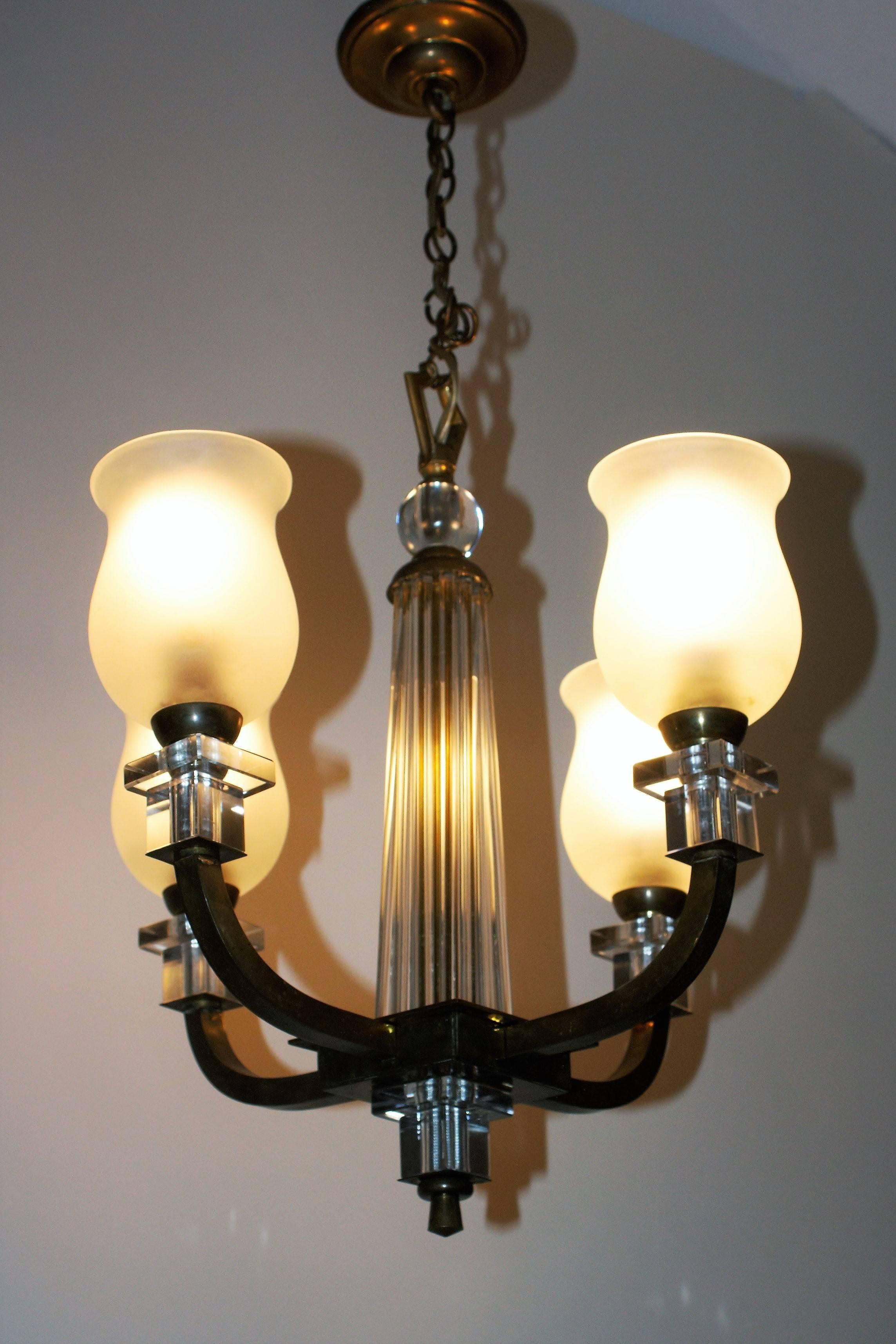 Bronze and Glass Chandelier, France, circa 1950s 2