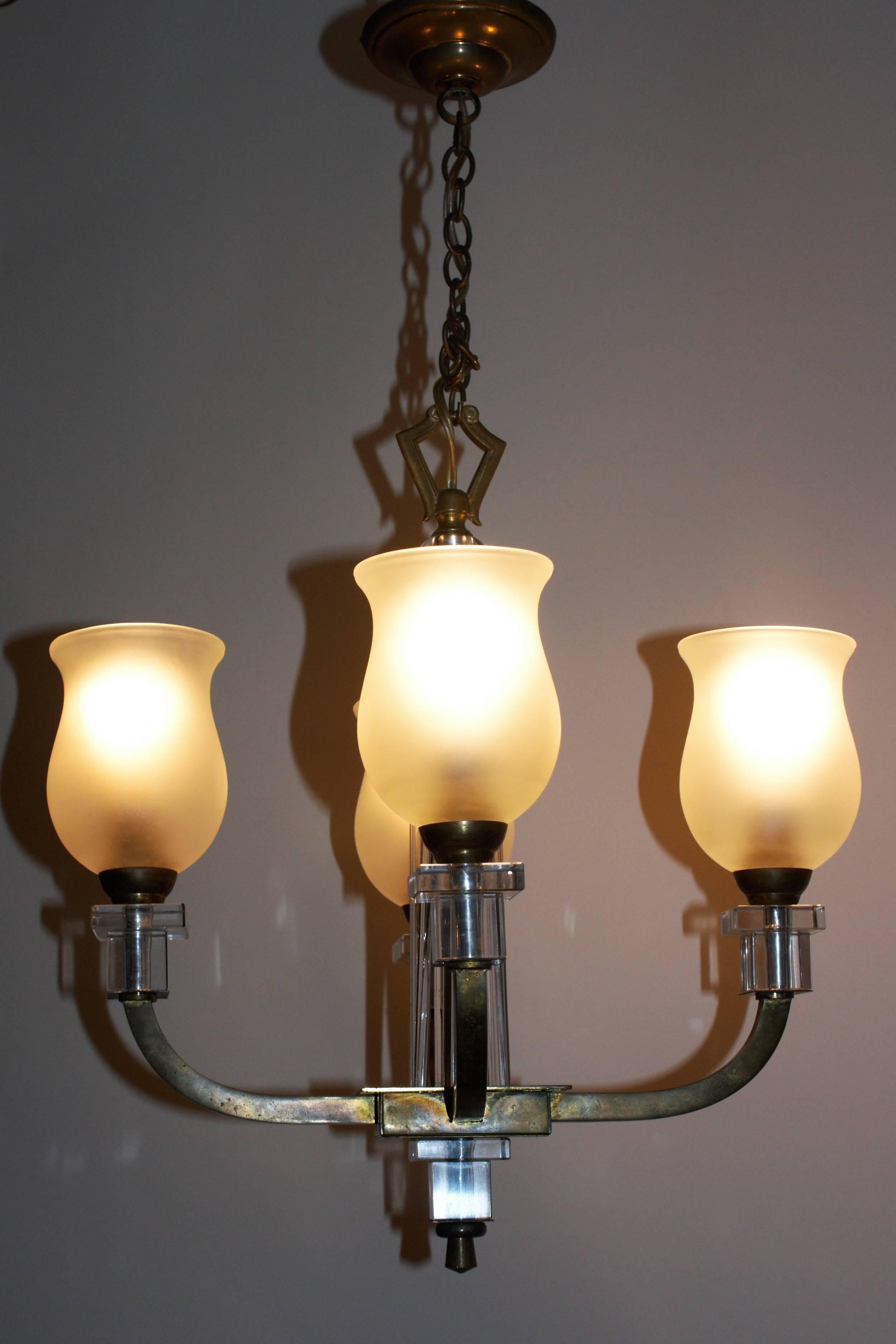 French Bronze and Glass Chandelier, France, circa 1950s