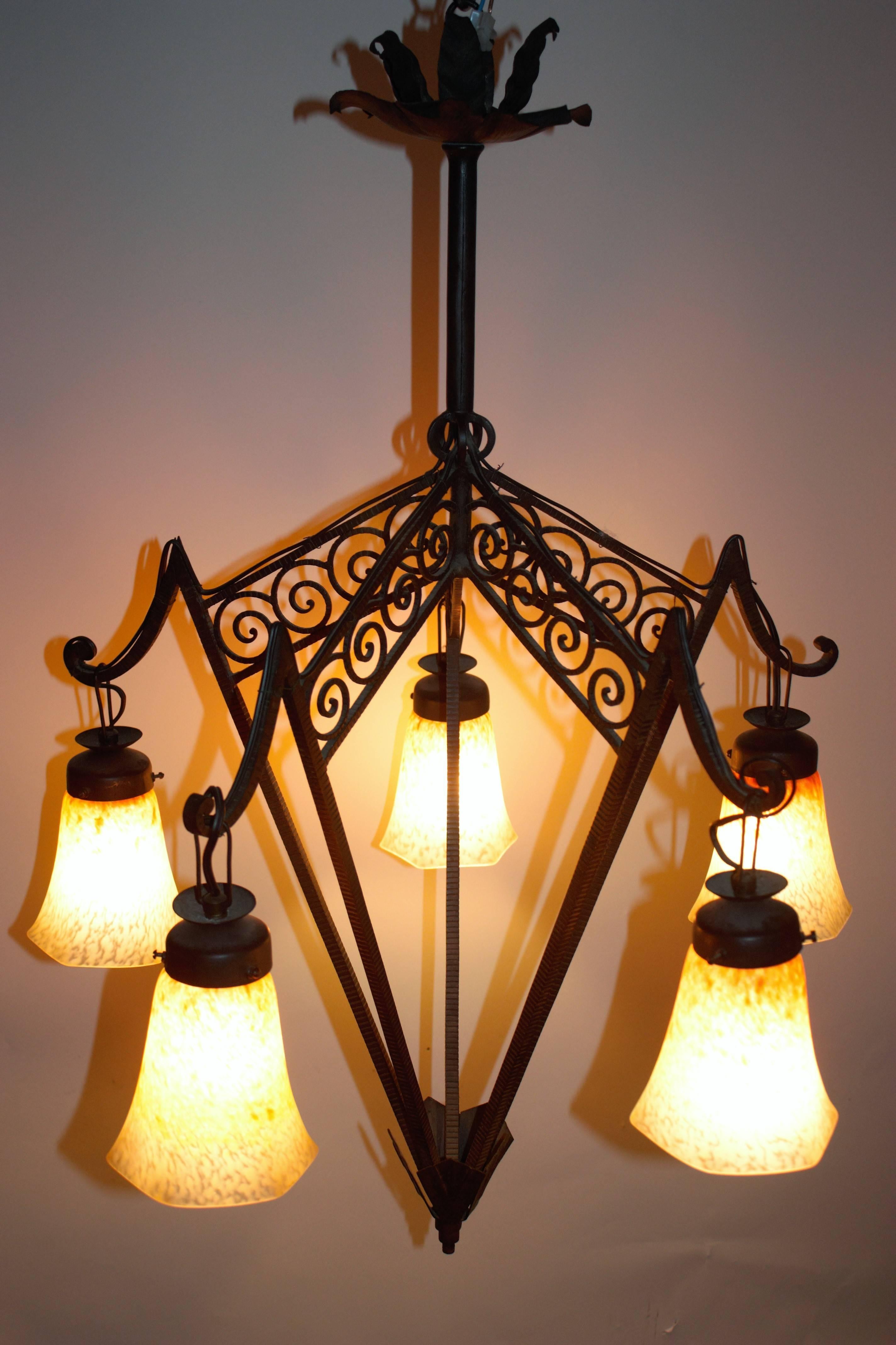 Hammered French Art Deco Wrought Iron and Glass Chandelier, circa 1925