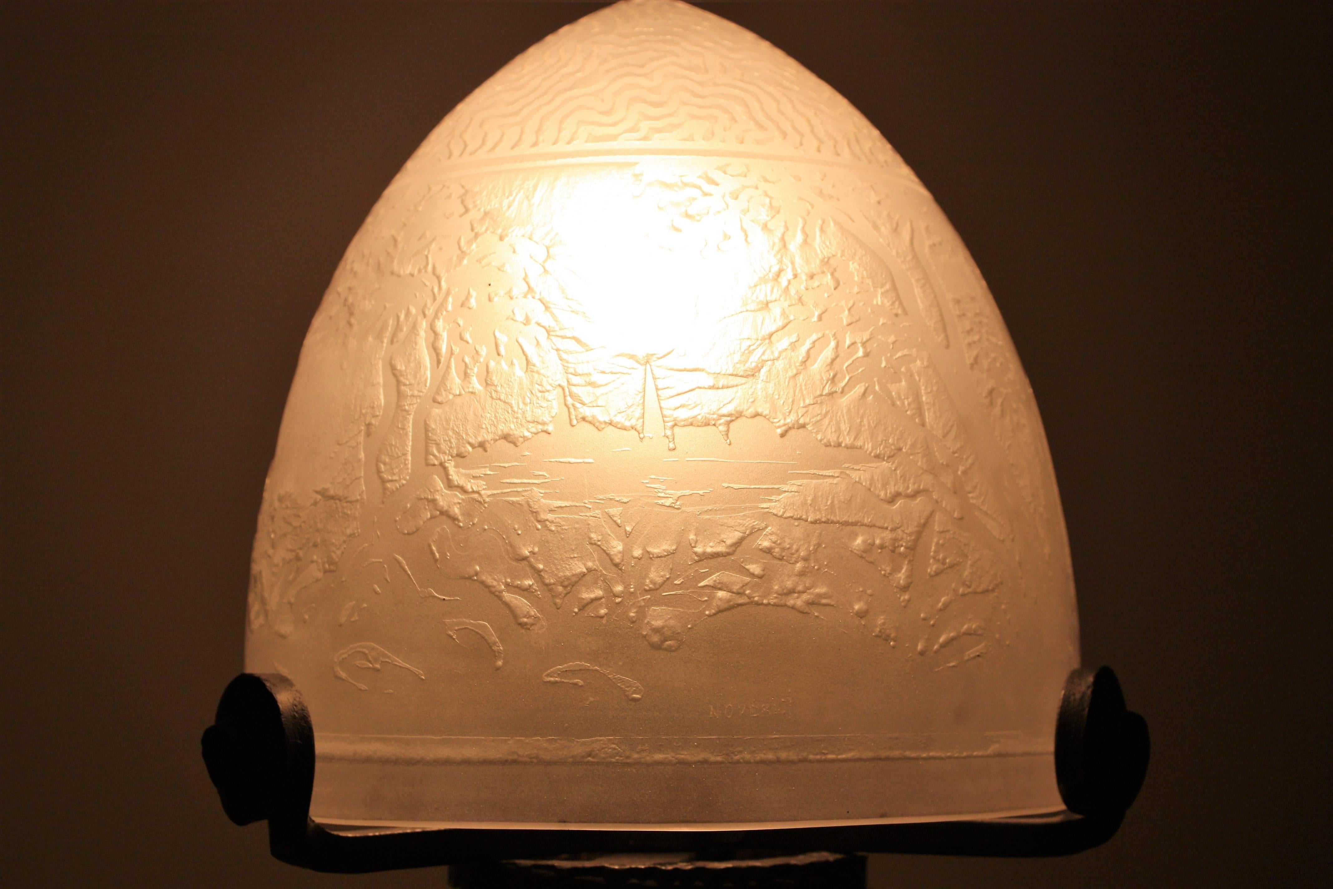French Art Deco Table Lamp Signed Noverdy, Iron and Glass, France, circa 1925