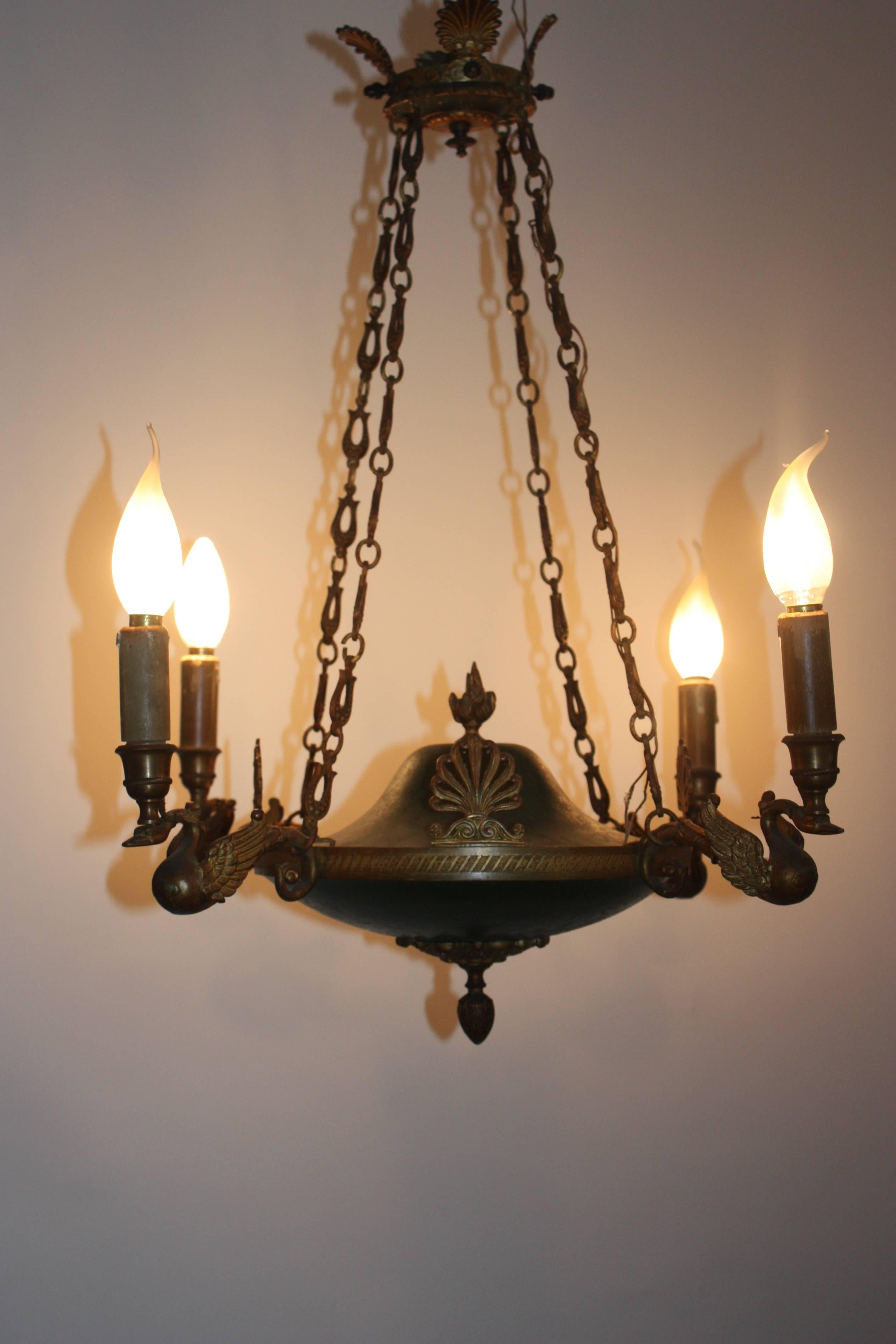 Patinated 19th Century Empire Style Four-Light Chandelier, France, circa 1870s