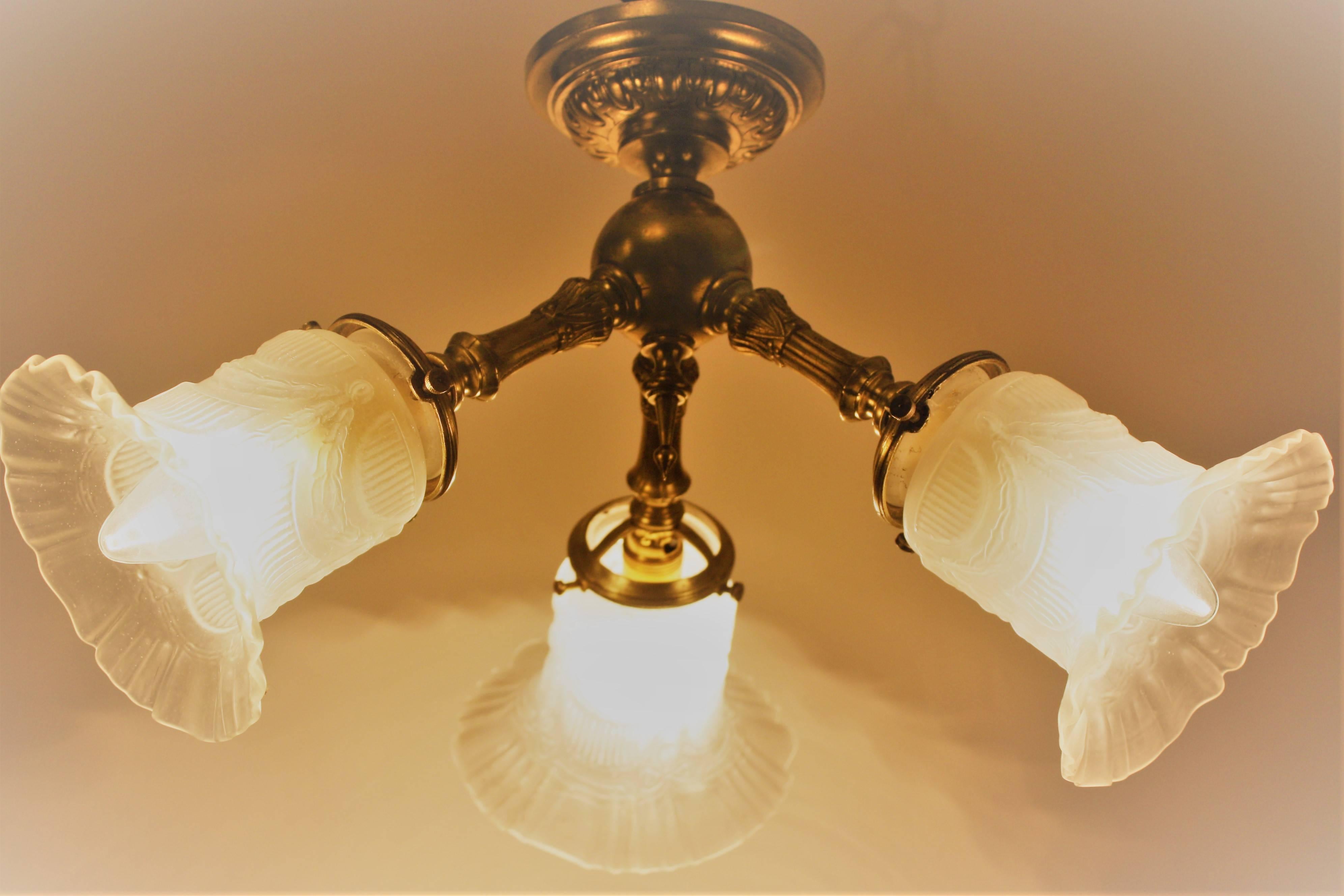 Early 20th Century Small  Art Nouveau Three - Light  Brass and Glass Chandelier, circa 1900s