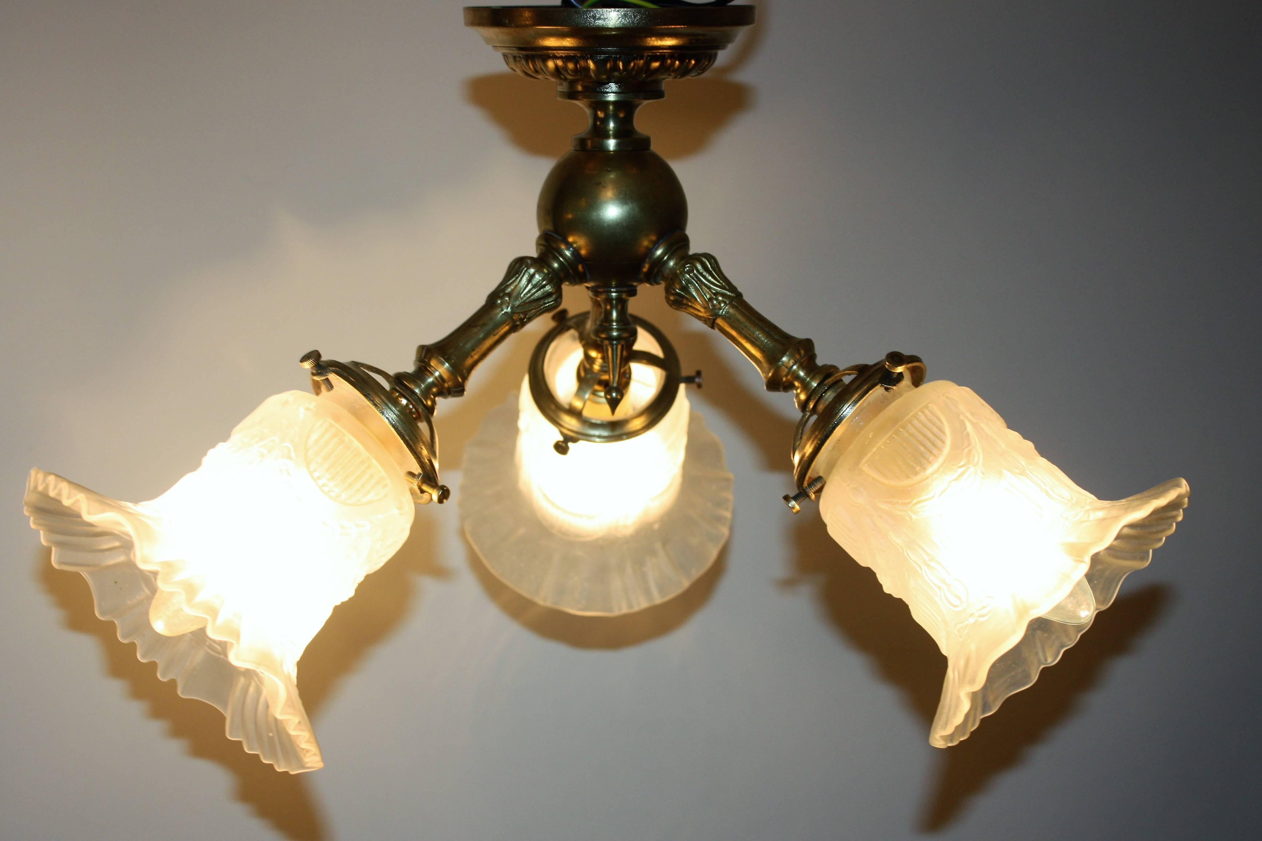 Small  Art Nouveau Three - Light  Brass and Glass Chandelier, circa 1900s 1