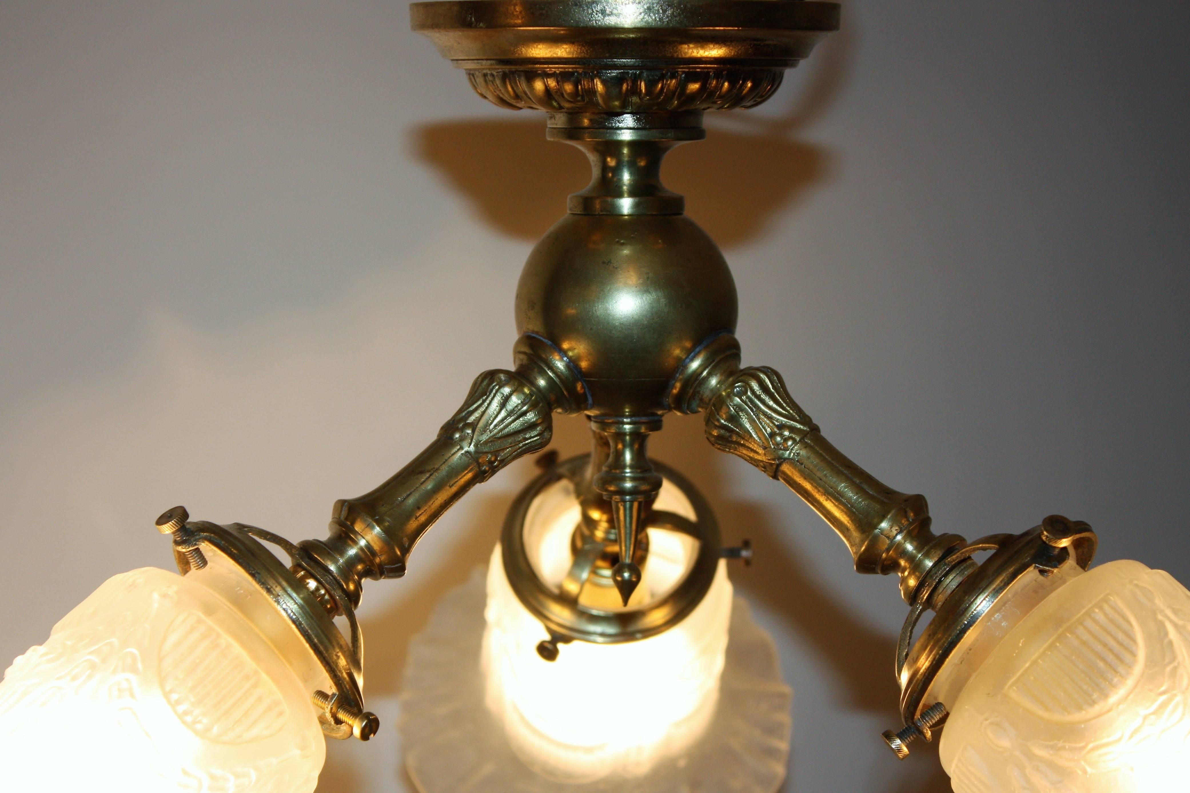 Small  Art Nouveau Three - Light  Brass and Glass Chandelier, circa 1900s 2