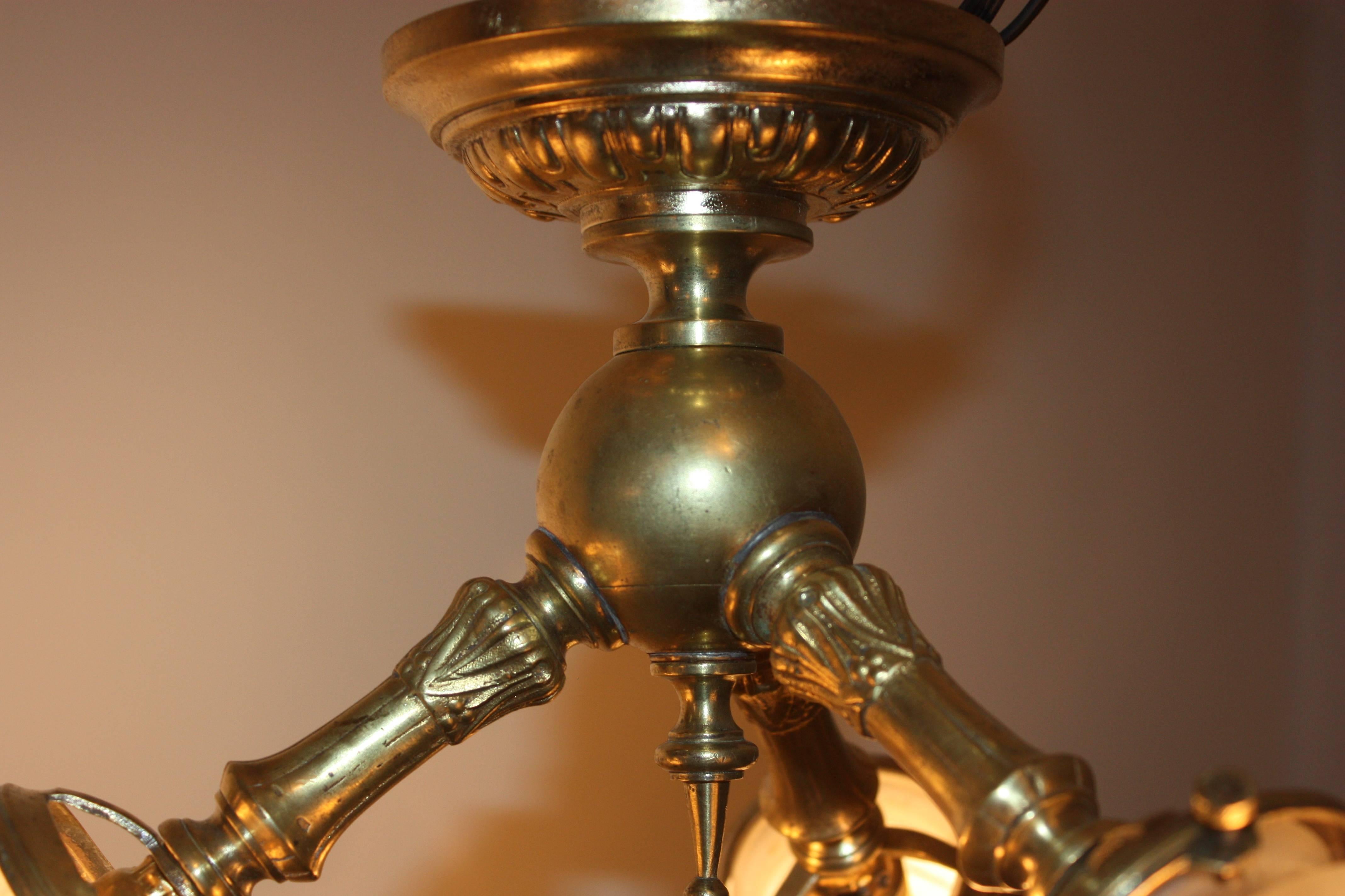 French Small  Art Nouveau Three - Light  Brass and Glass Chandelier, circa 1900s