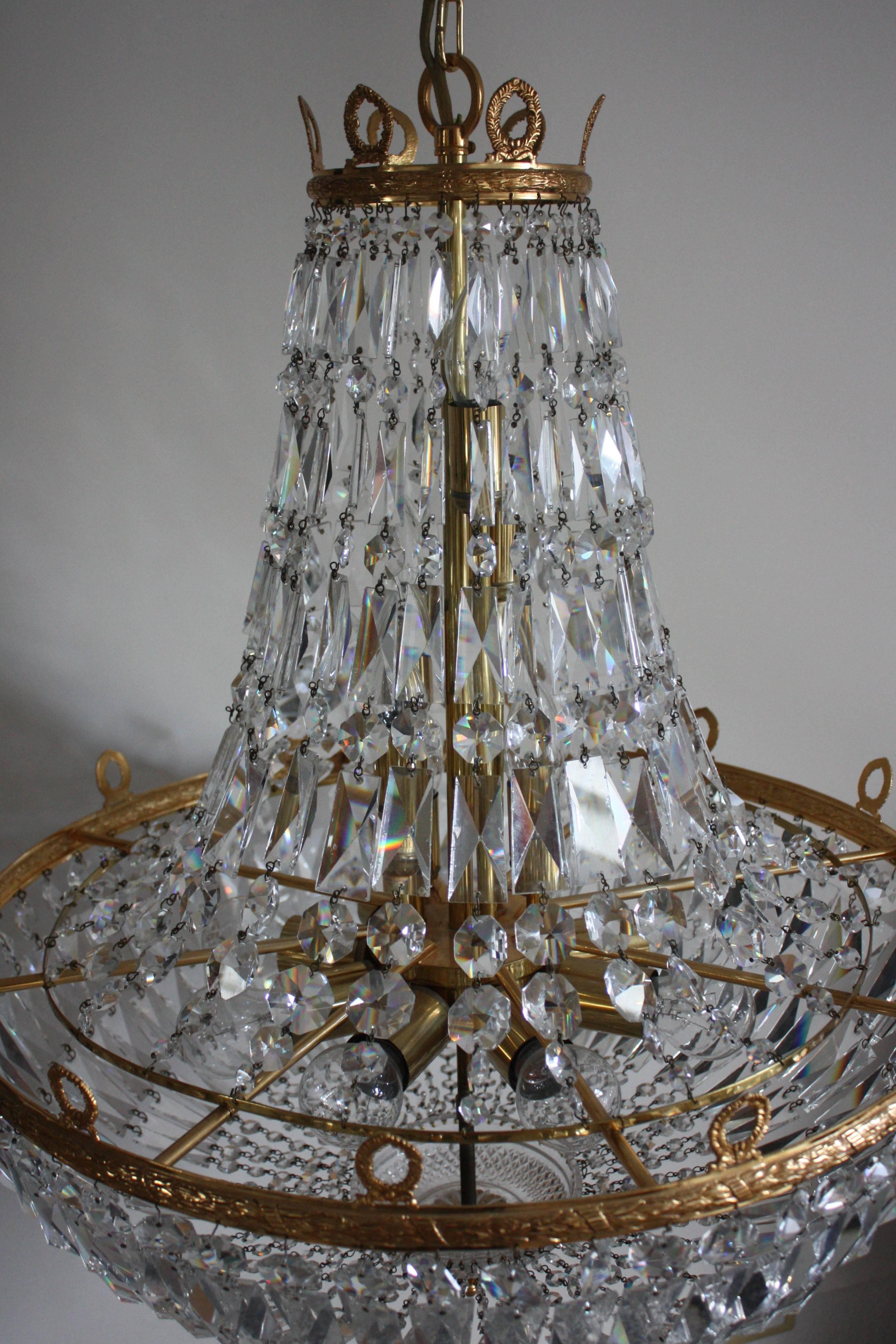 Brass Huge Gold- Plated Empire Style Crystal Chandelier by Palwa, Germany, 1960s